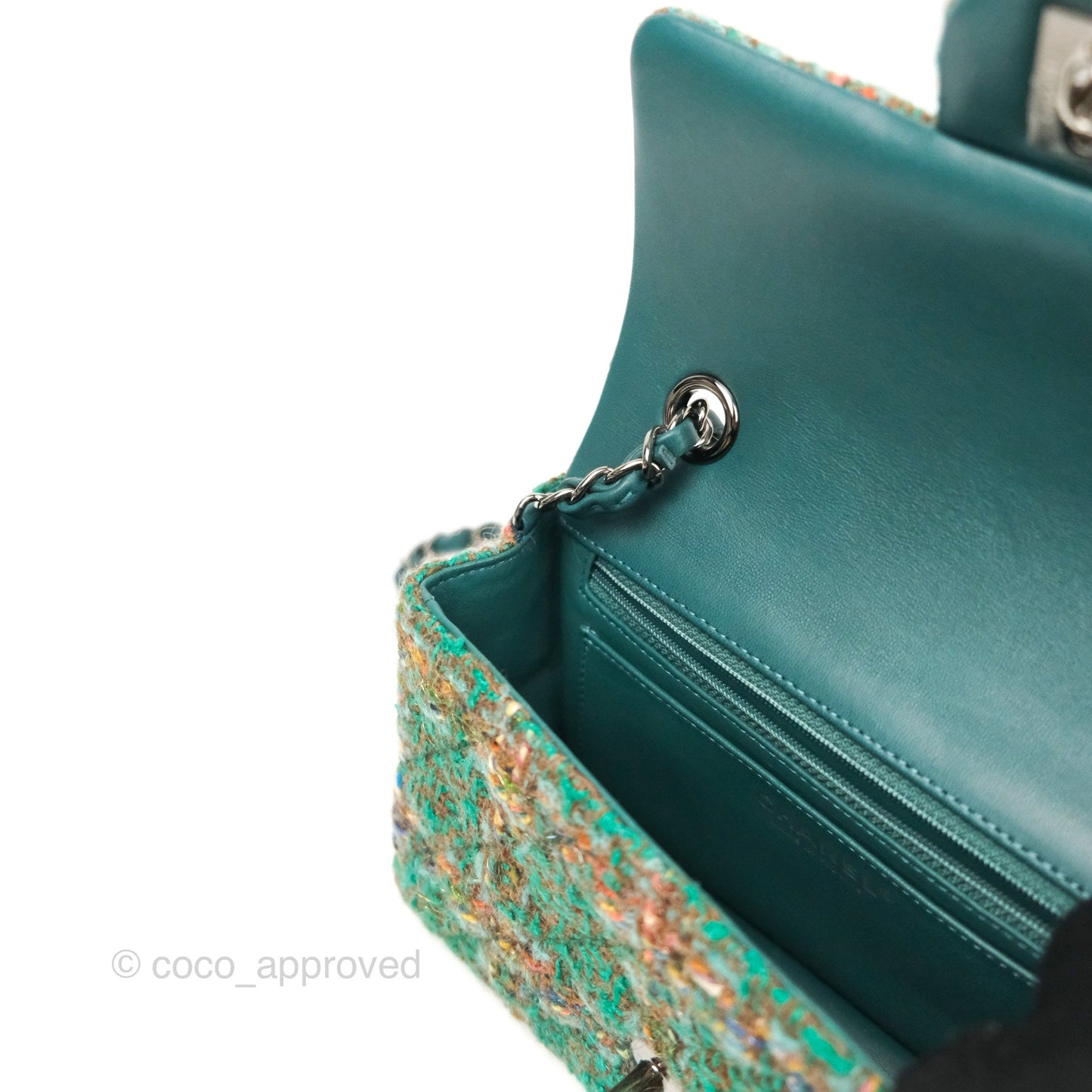Chanel Mini Rectangular Flap Quilted Green Tweed Gun Metal 23A