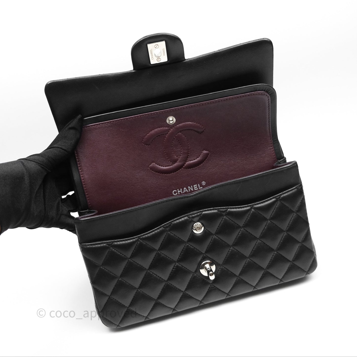Chanel Classic M/L Medium Flap Quilted Black Lambskin Silver Hardware