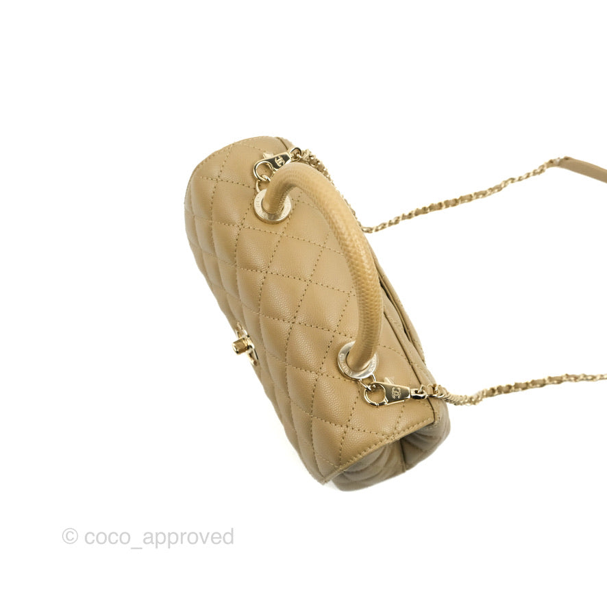 Chanel Small Coco Handle Quilted Dark Beige Caviar Gold Hardware Lizard Handle