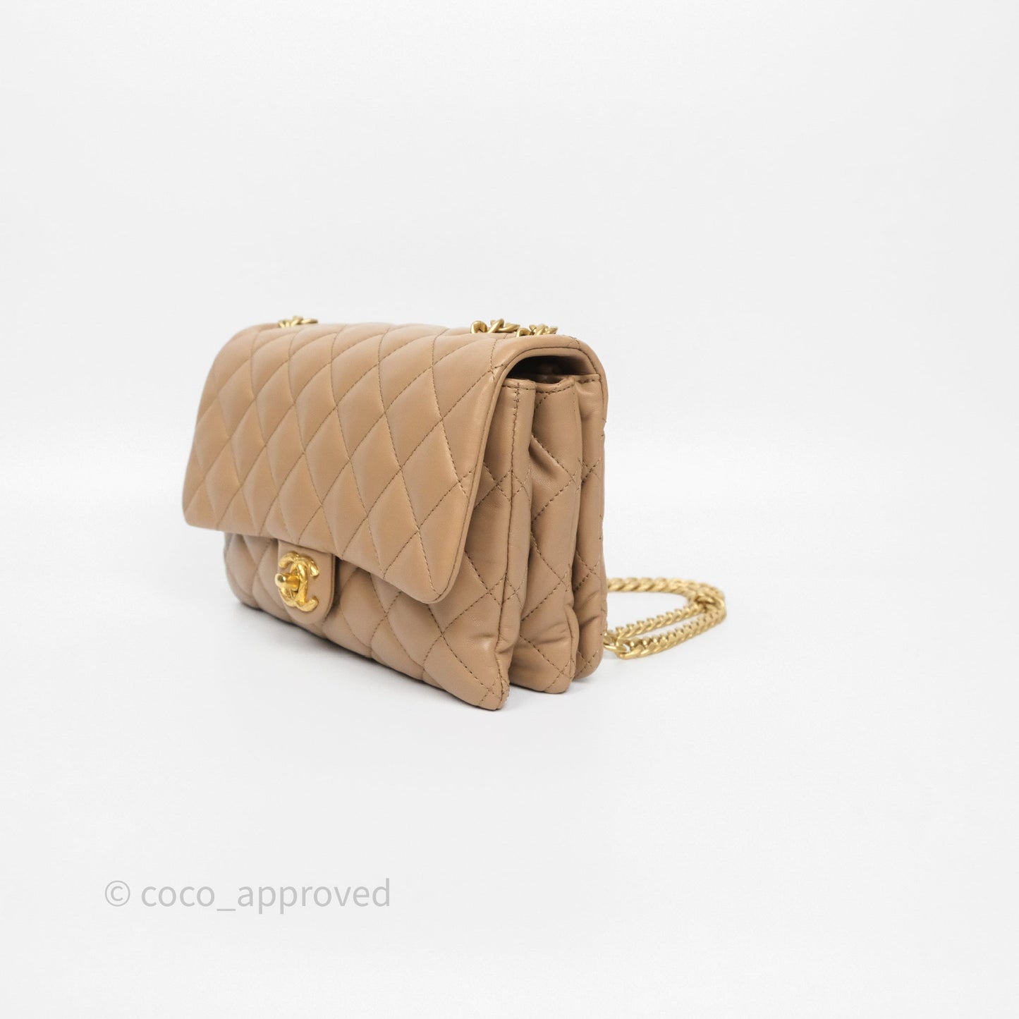 Chanel Medium All Slide Adjustable Chain Flap Bag Beige Lambskin Aged Gold Hardware