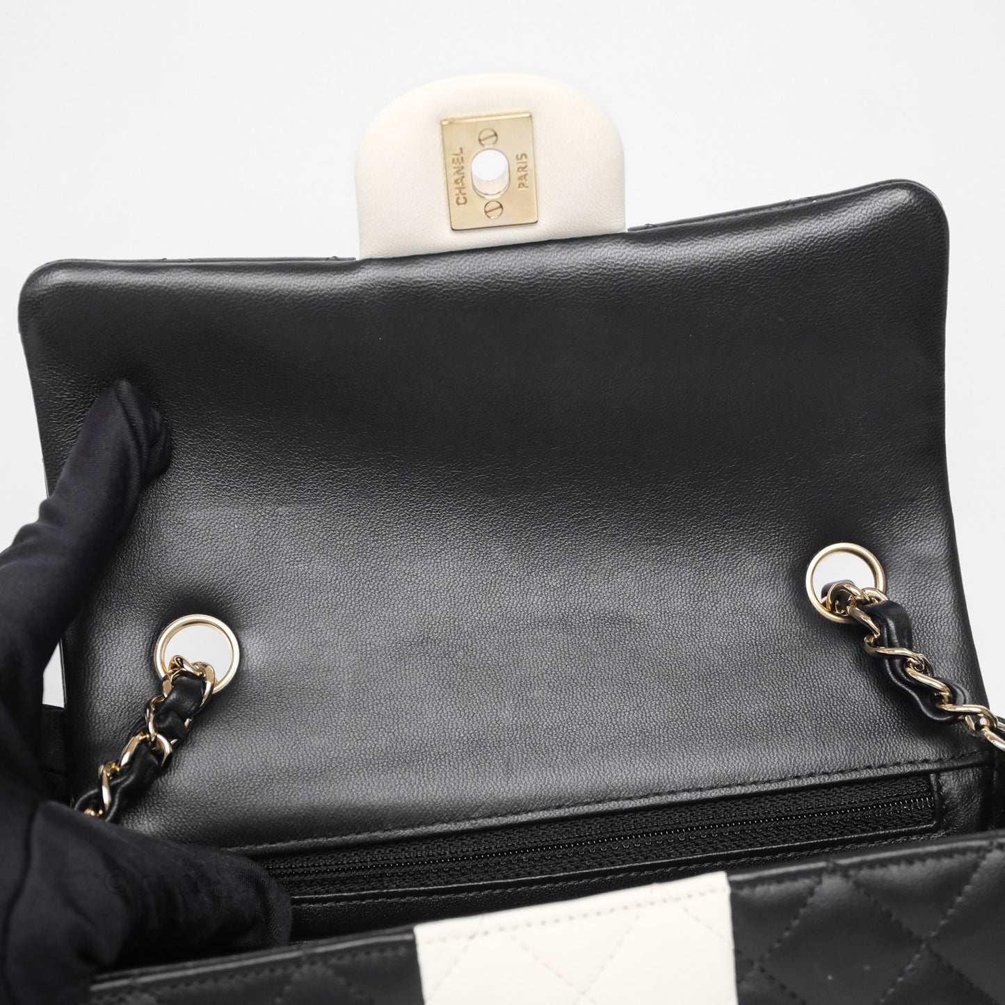 Chanel Mini Rectangular Flap Quilted Black White Lambskin Gold Hardware