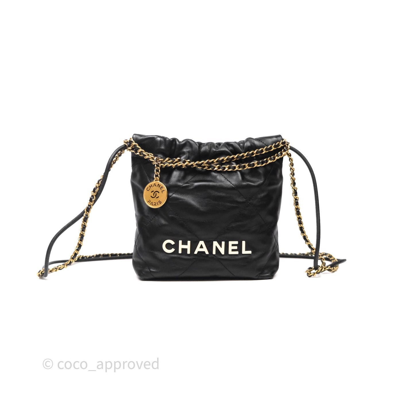 Chanel 22 Mini Bag Black Crumpled Calfskin White Lacquered Metal Logo