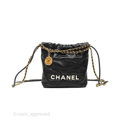 Chanel 22 Mini Bag Black Crumpled Calfskin White Lacquered Metal Logo