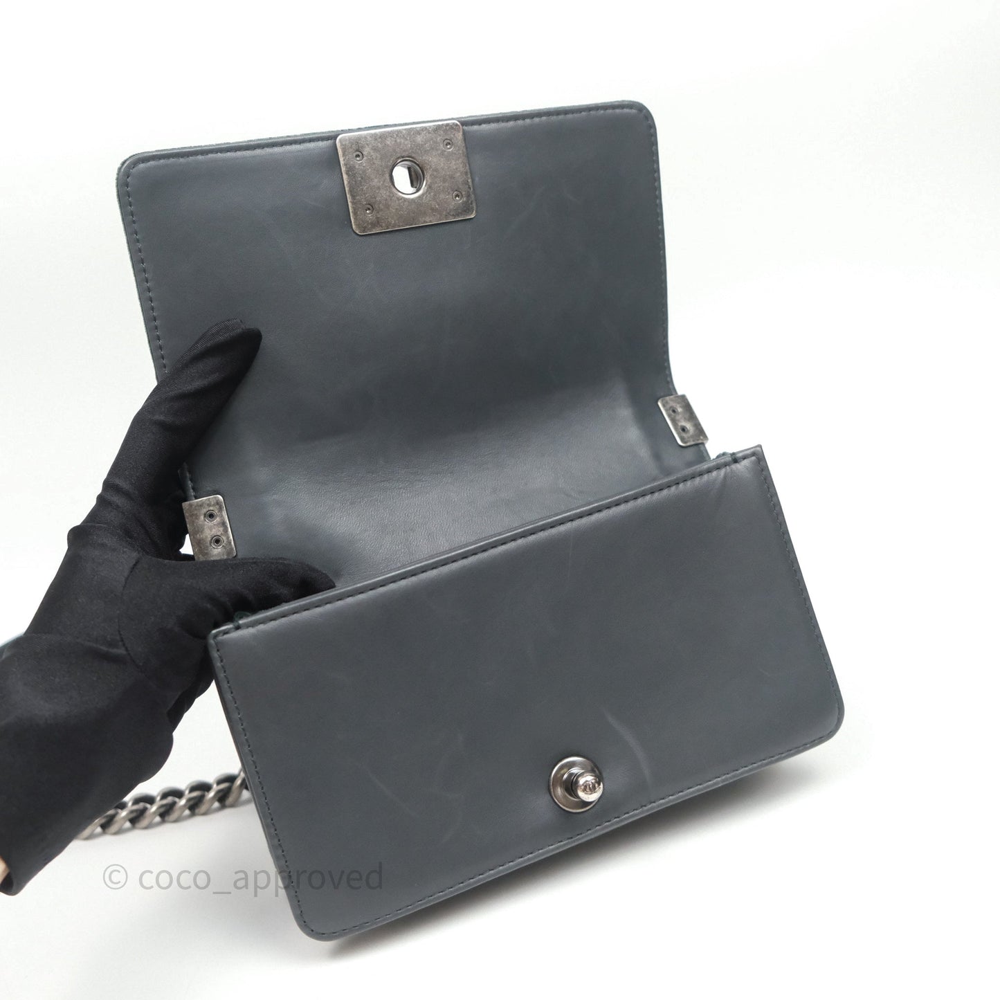 Chanel Small Boy Quilted Dark Green Velvet Ruthenium Hardware