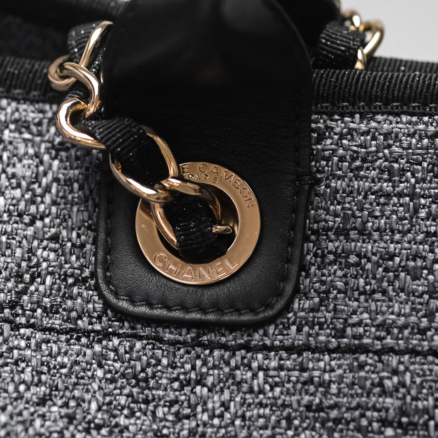 Chanel Large Deauville Glitter Black Grey Raffia Gold Hardware
