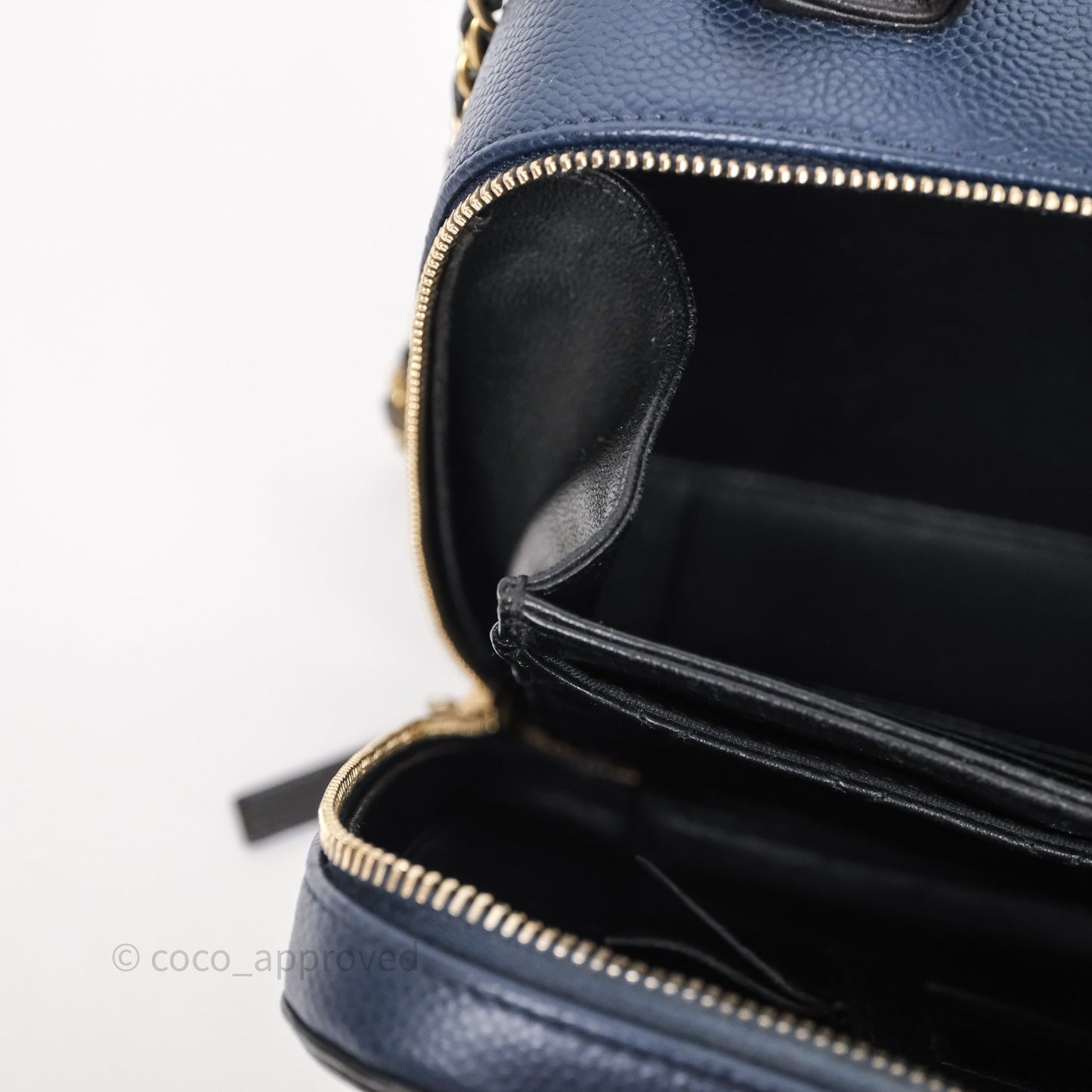 Chanel Quilted Large CC Filigree Vanity Case Navy Black Caviar Aged Gold Hardware