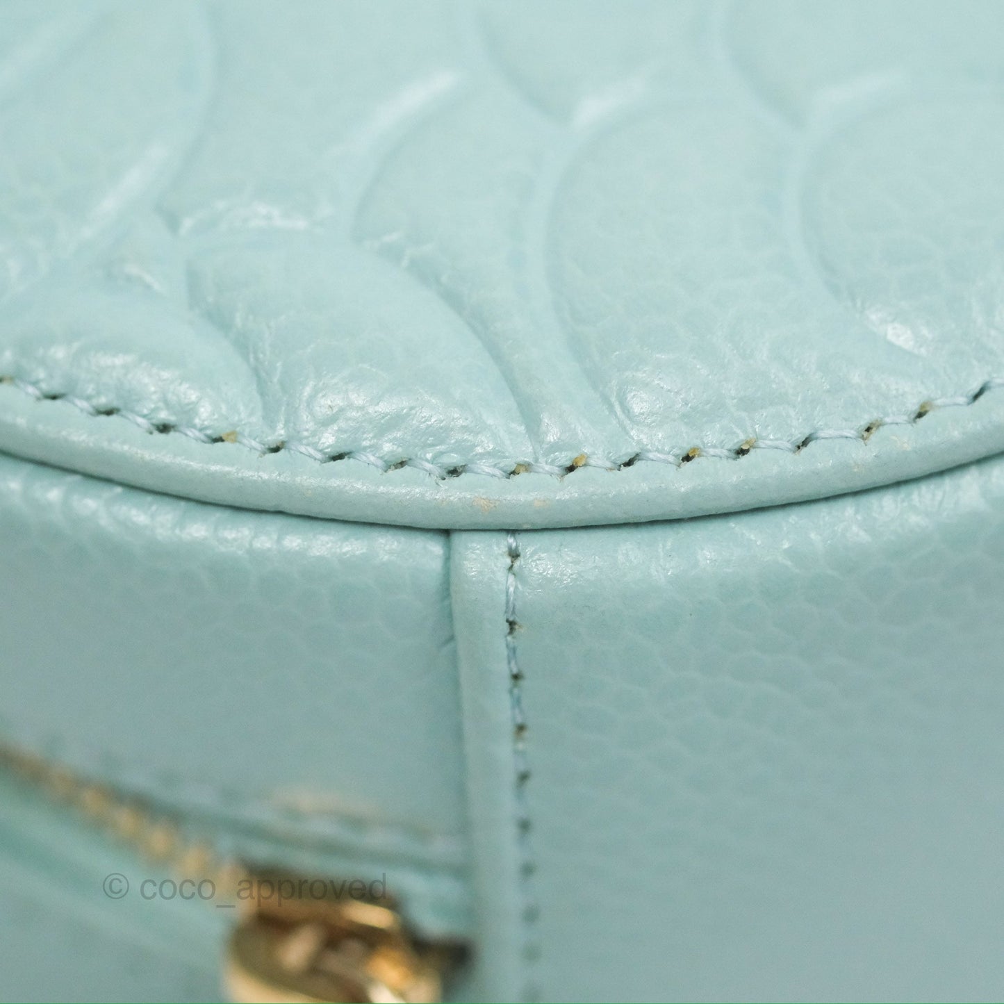 Chanel Camellia Embossed Round Clutch With Chain Light Tiffany Blue Caviar