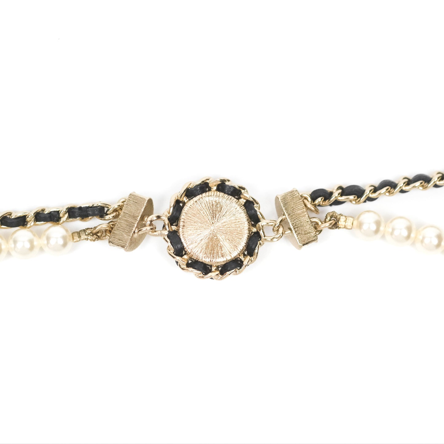 Chanel Crystal CC Pearl Black Leather Chain Braided Necklace Gold Tone 21K