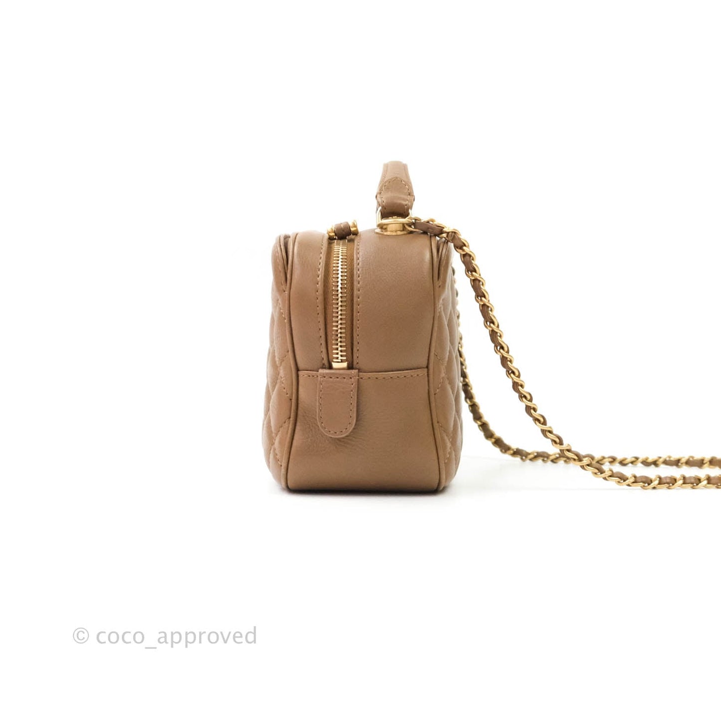 Chanel Small CC Quilted Vanity Case Brown Beige Calfskin Aged Gold Hardware