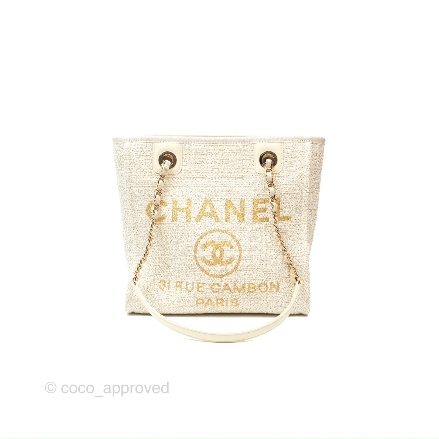 Chanel Mini Deauville Tote Ivory Lurex Boucle Gold Hardware