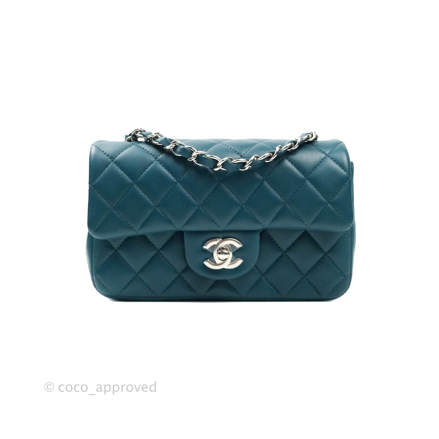 Chanel Quilted Mini Rectangular Lambskin Flap Bag Teal Silver Hardware