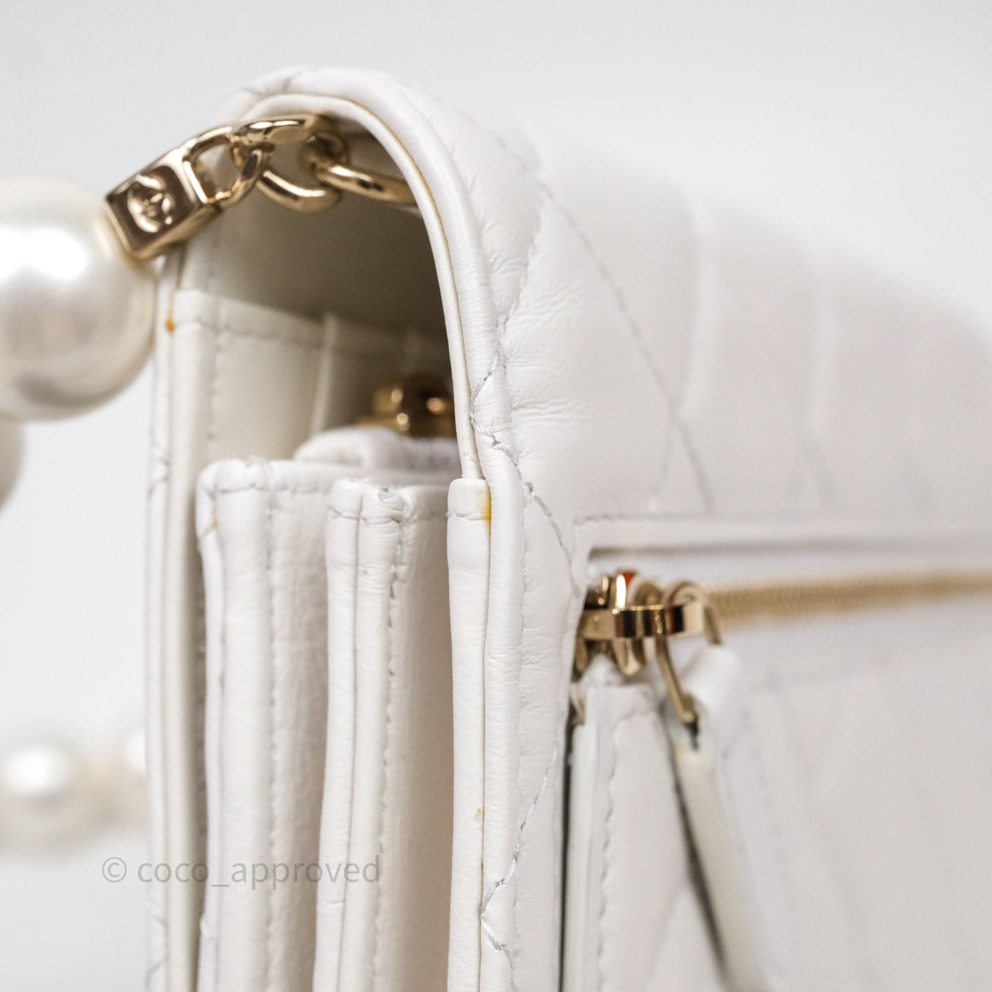Chanel Mini Wallet On Large Pearl Chain WOC Quilted White Lambskin Gold Hardware