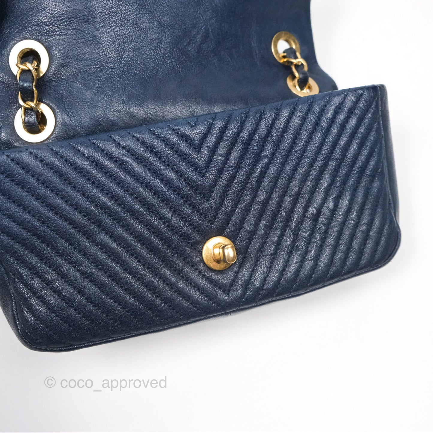 Chanel Small Chevron Surpique Flap Navy Calfskin Aged Gold Hardware