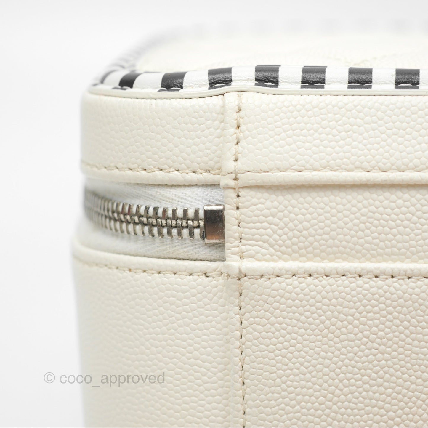 Chanel Quilted Medium CC Filigree Vanity Case White Black Stripe Caviar Silver Hardware