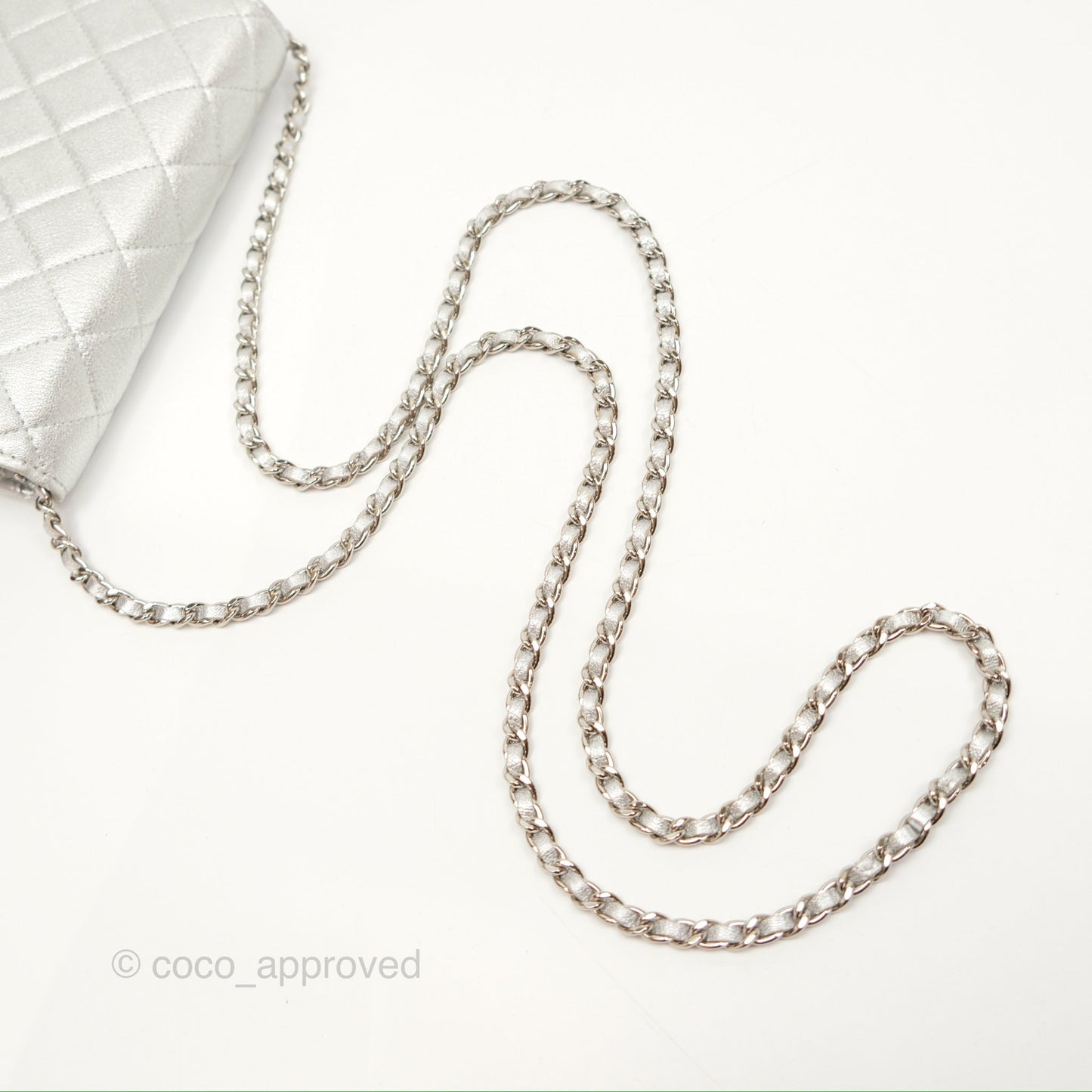 Chanel Quilted Wallet on Chain WOC Iridescent Silver Grained Lambskin Silver Hardware