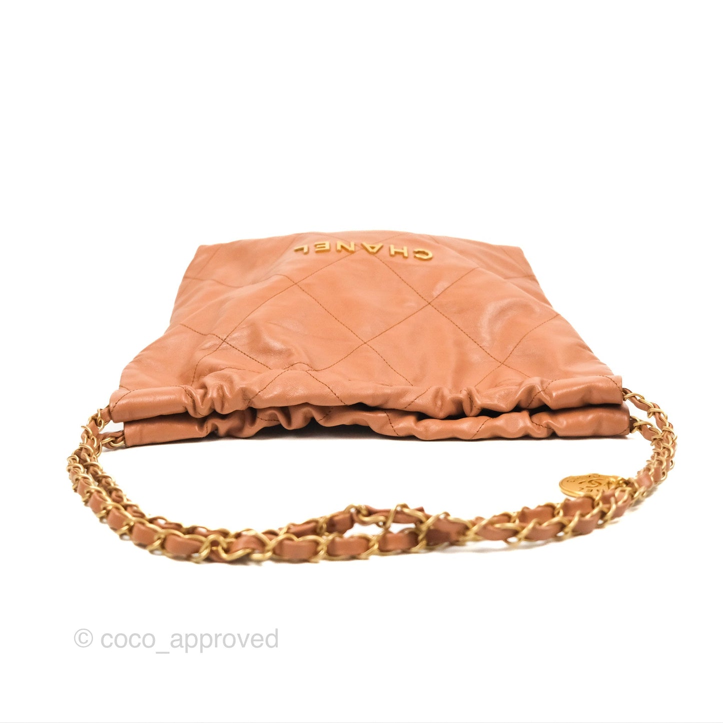 Chanel 22 Small Caramel Beige Shiny Calfskin Aged Gold Hardware