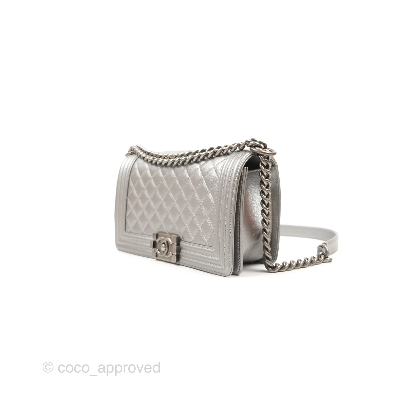 Chanel Quilted Medium Boy Silver Caviar Ruthenium Hardware