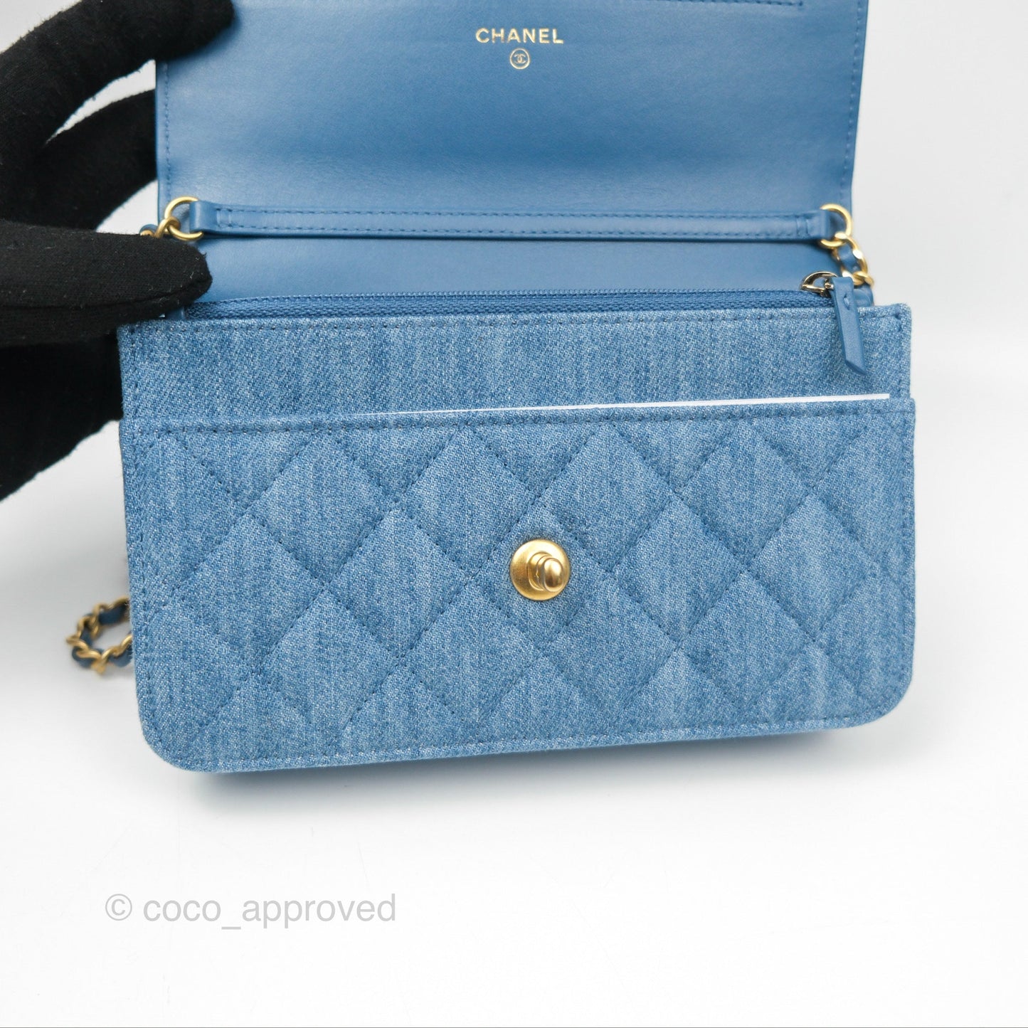 Chanel Quilted Pearl Crush Wallet on Chain WOC Denim Aged Gold Hardware