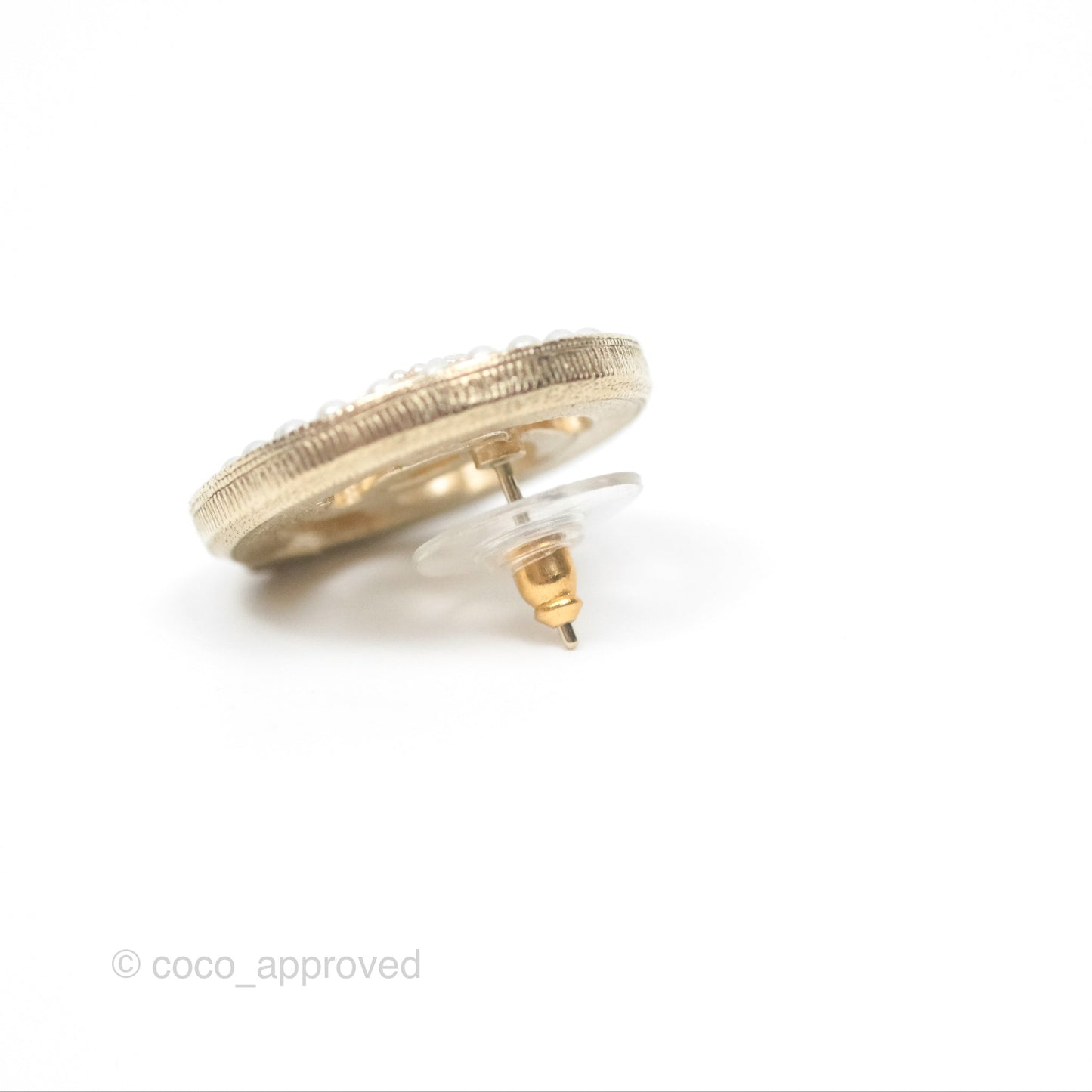 Chanel Pearl CC Round Earrings Gold Tone 17A