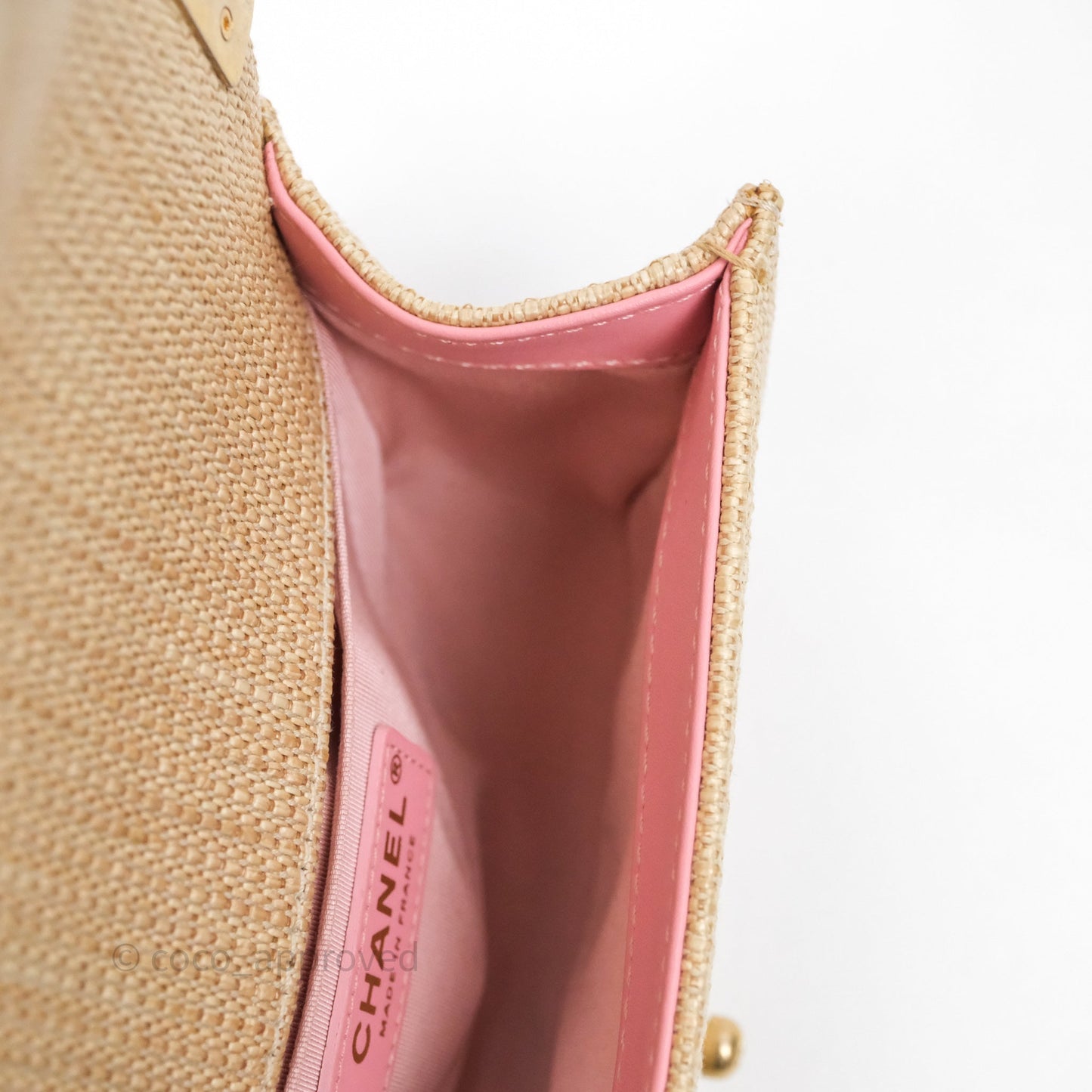 Chanel Small Boy Chevron Raffia Metallic Pink Aged Gold Hardware