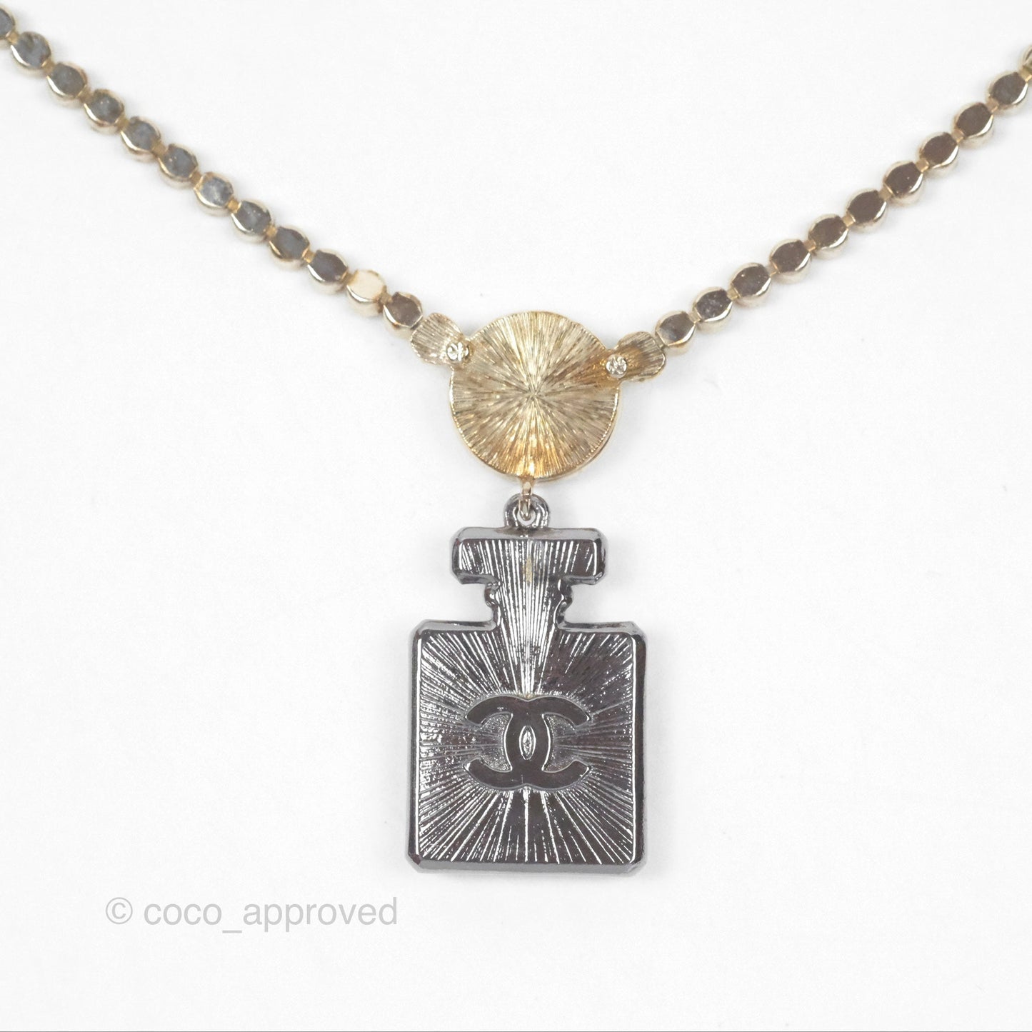 Chanel No5 Perfume Bottle Crystal Chain Choker Necklace Gold Tone 21S