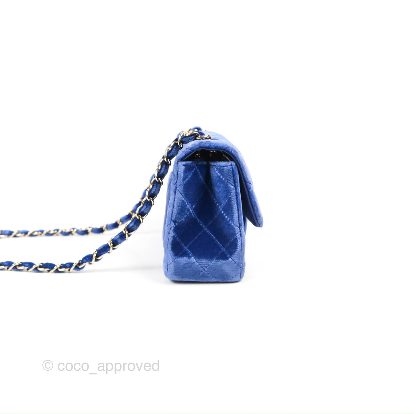 Chanel Quilted Mini Rectangular Flap Blue Velvet Gold Hardware
