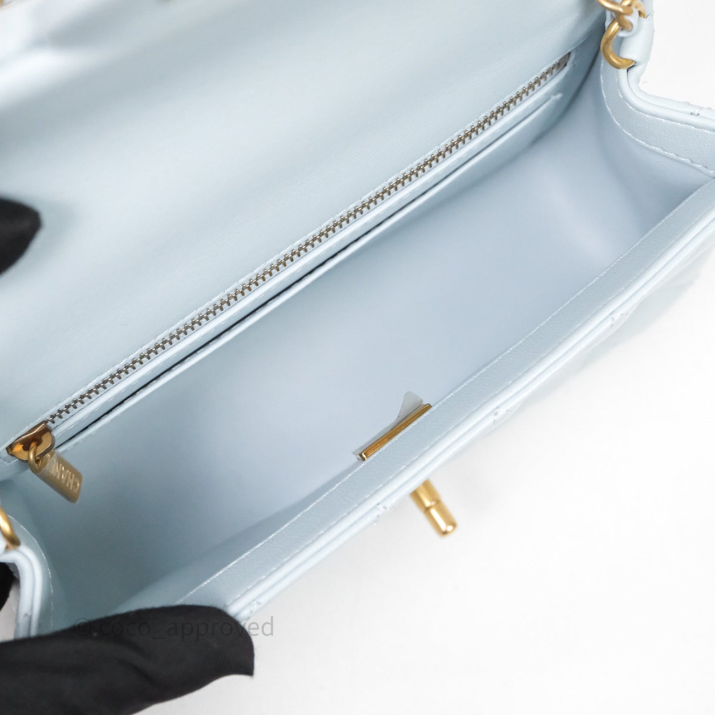 Chanel Pearl Crush Mini Rectangular Light Blue Lambskin Aged Gold Hardware