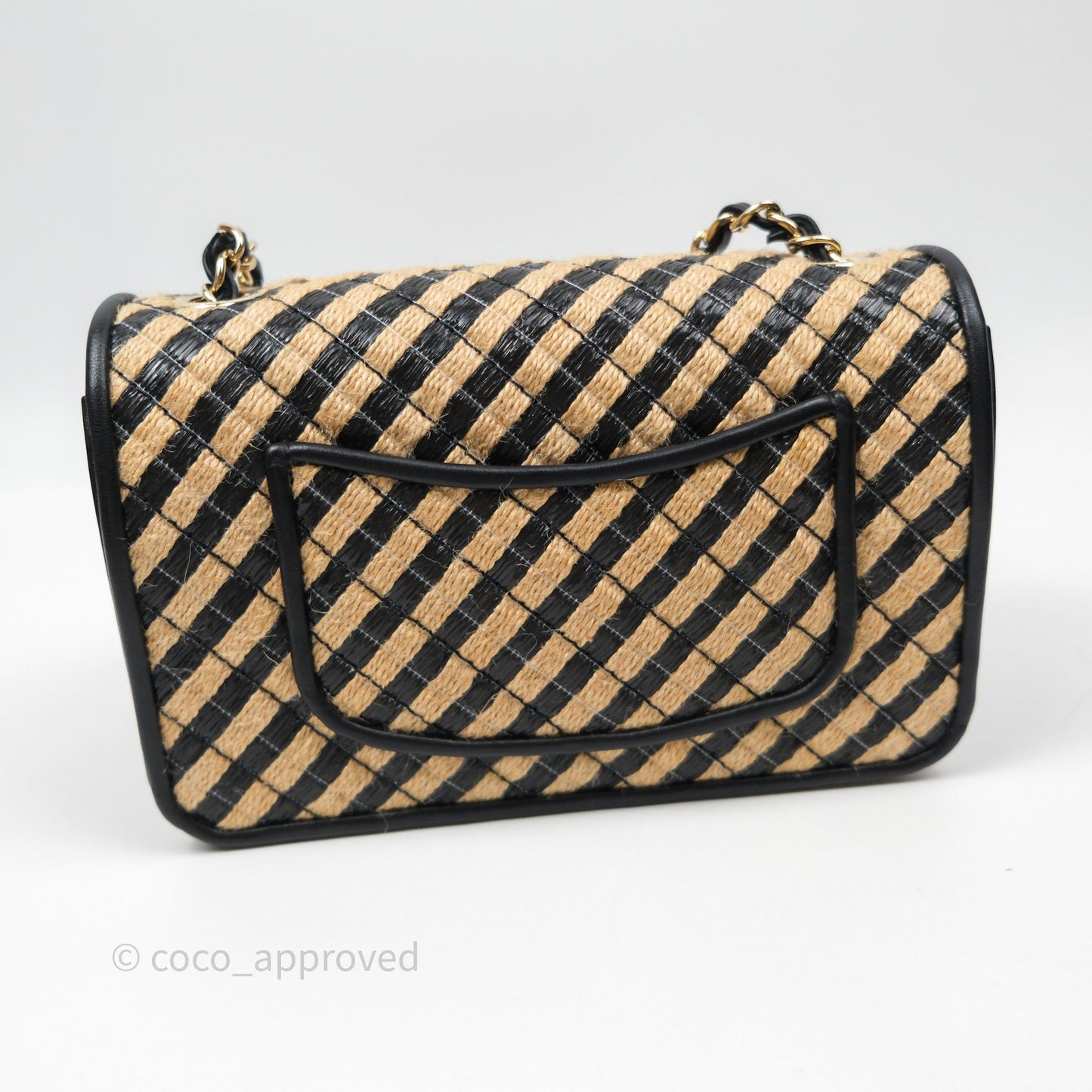 Chanel Quilted Mini Rectangular Flap Raffia Jute Thread Black & Beige Gold Hardware