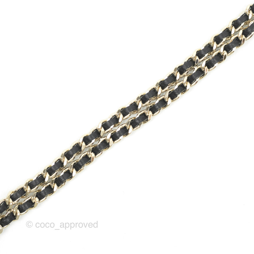 Chanel Black Leather Chain Braided Pearl Crystal CC Drop Choker Gold Tone 21B