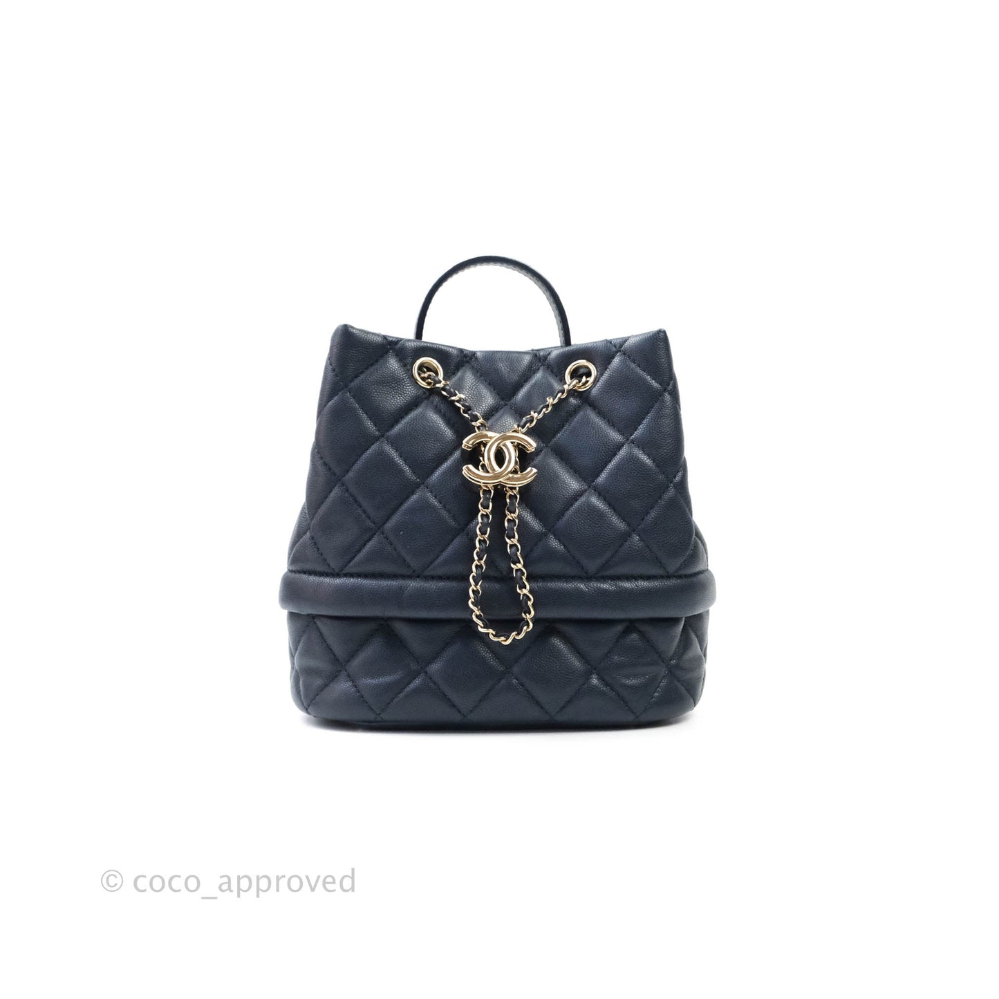Chanel Caviar Quilted Rolled Up Bucket Drawstring Bag Navy Gold Hardware