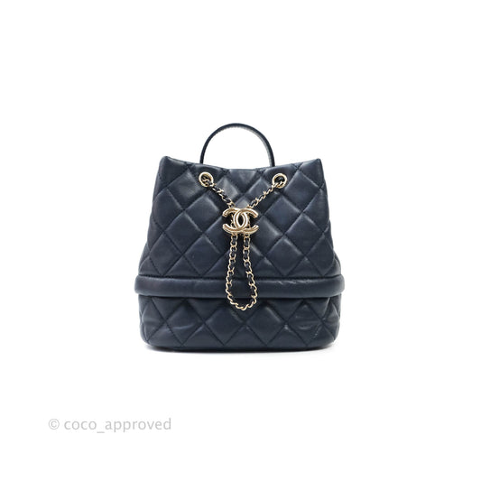 Chanel Caviar Quilted Rolled Up Bucket Drawstring Bag Navy Gold Hardware