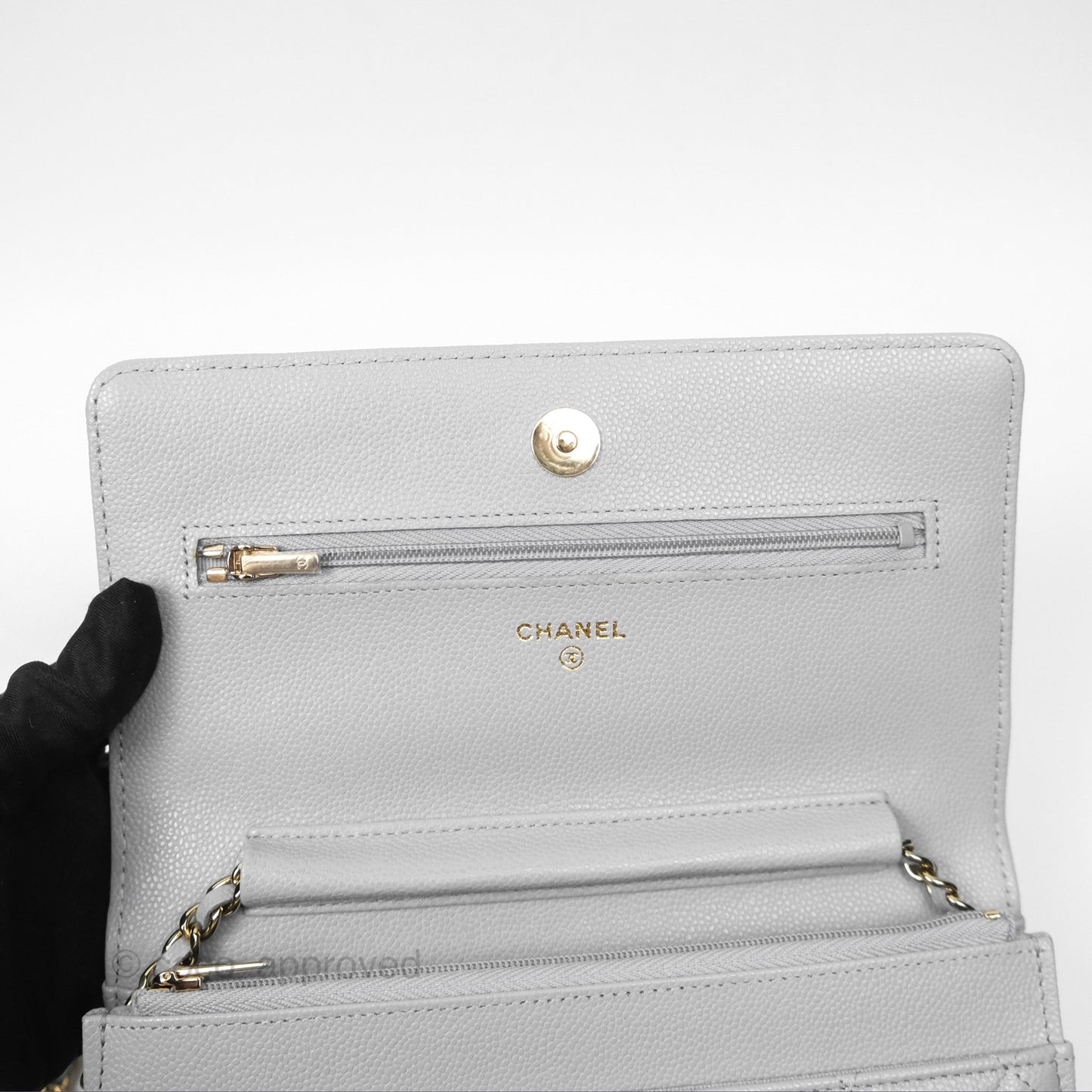 Chanel Quilted Classic Wallet on Chain WOC Grey Caviar Gold Hardware