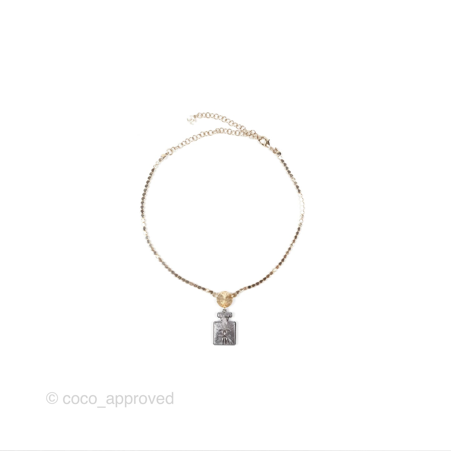 Chanel No5 Perfume Bottle Crystal Chain Choker Necklace Gold Tone 21S