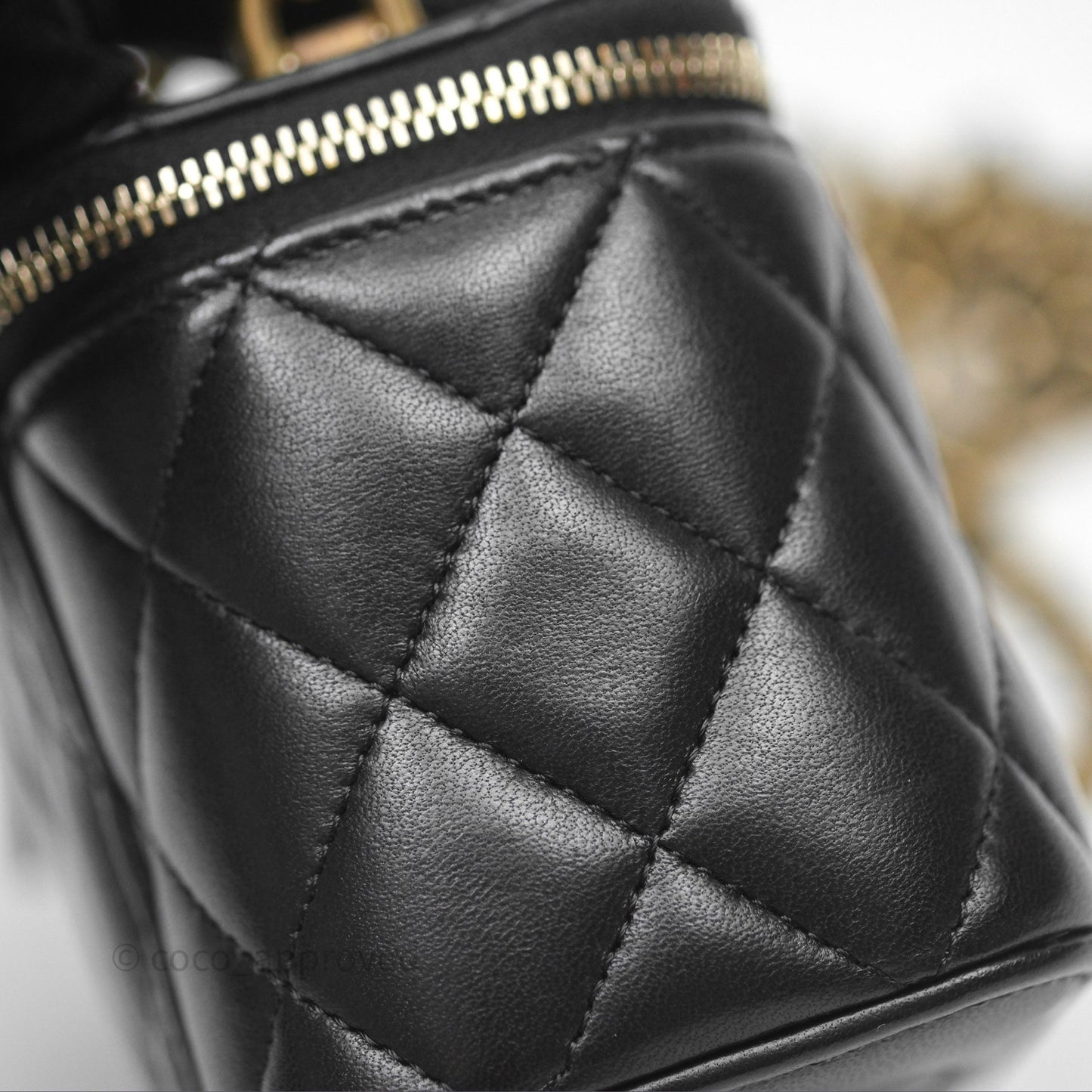 Chanel Mini Metal Top Handle Vanity With Chain Black Lambskin Aged Gold Hardware