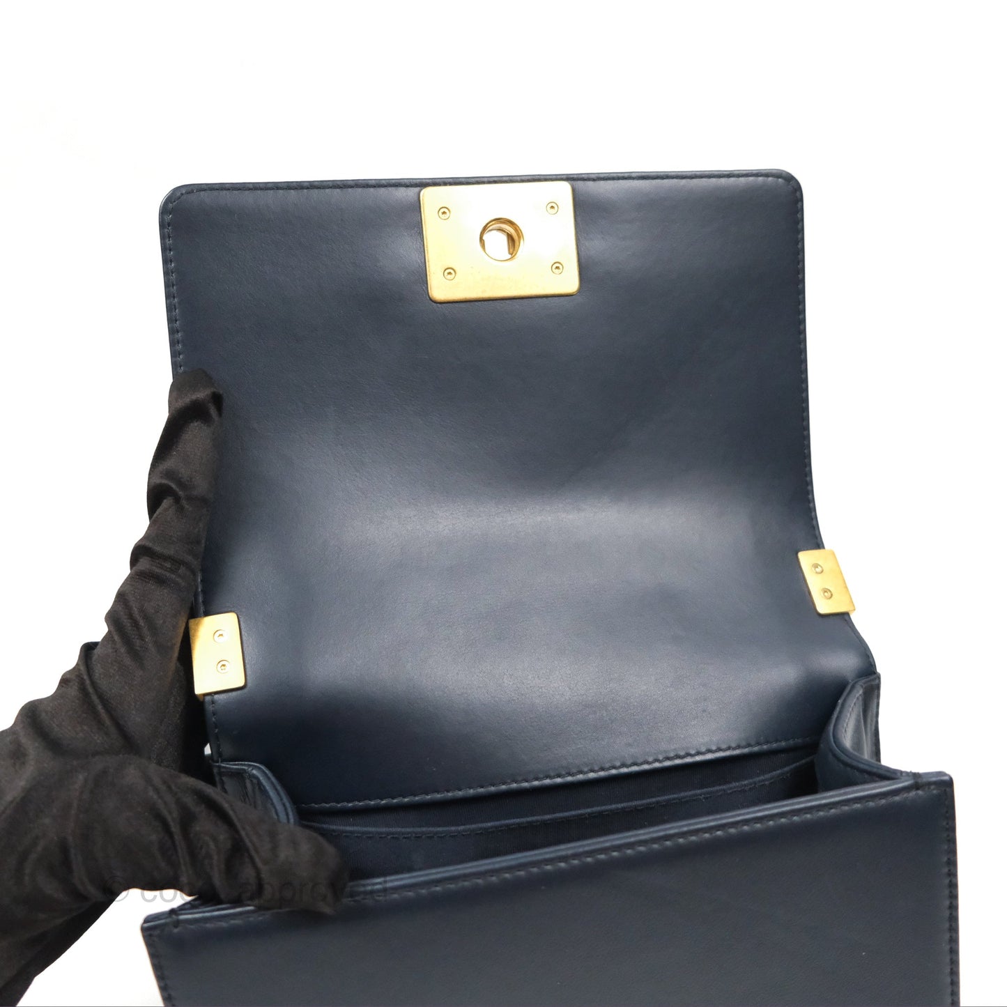 Chanel Small Boy Quilted Navy Lambskin Aged Gold Hardware