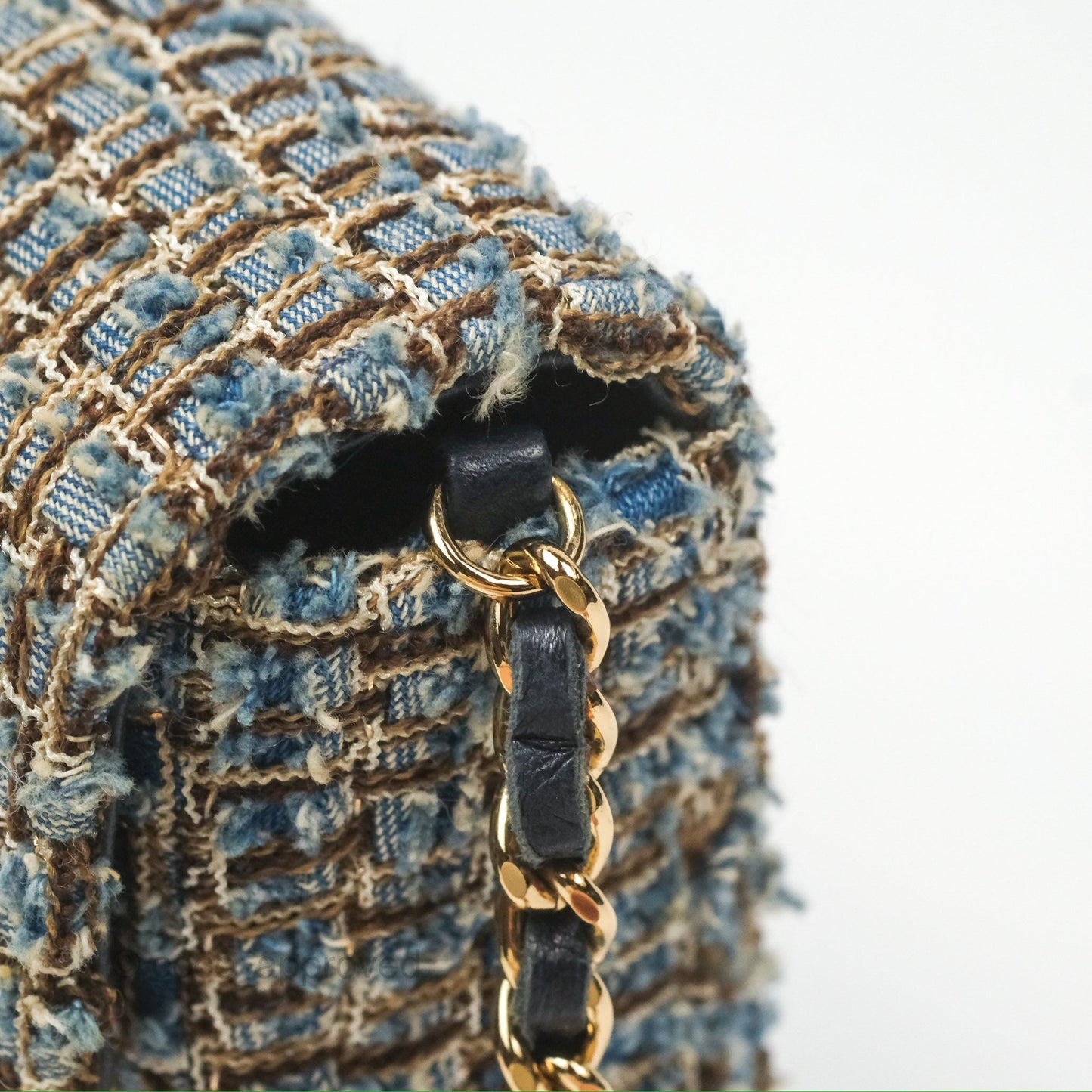 Chanel East West Chocolate Bar Flap Bag Grey Blue Tweed 24K Gold Hardware