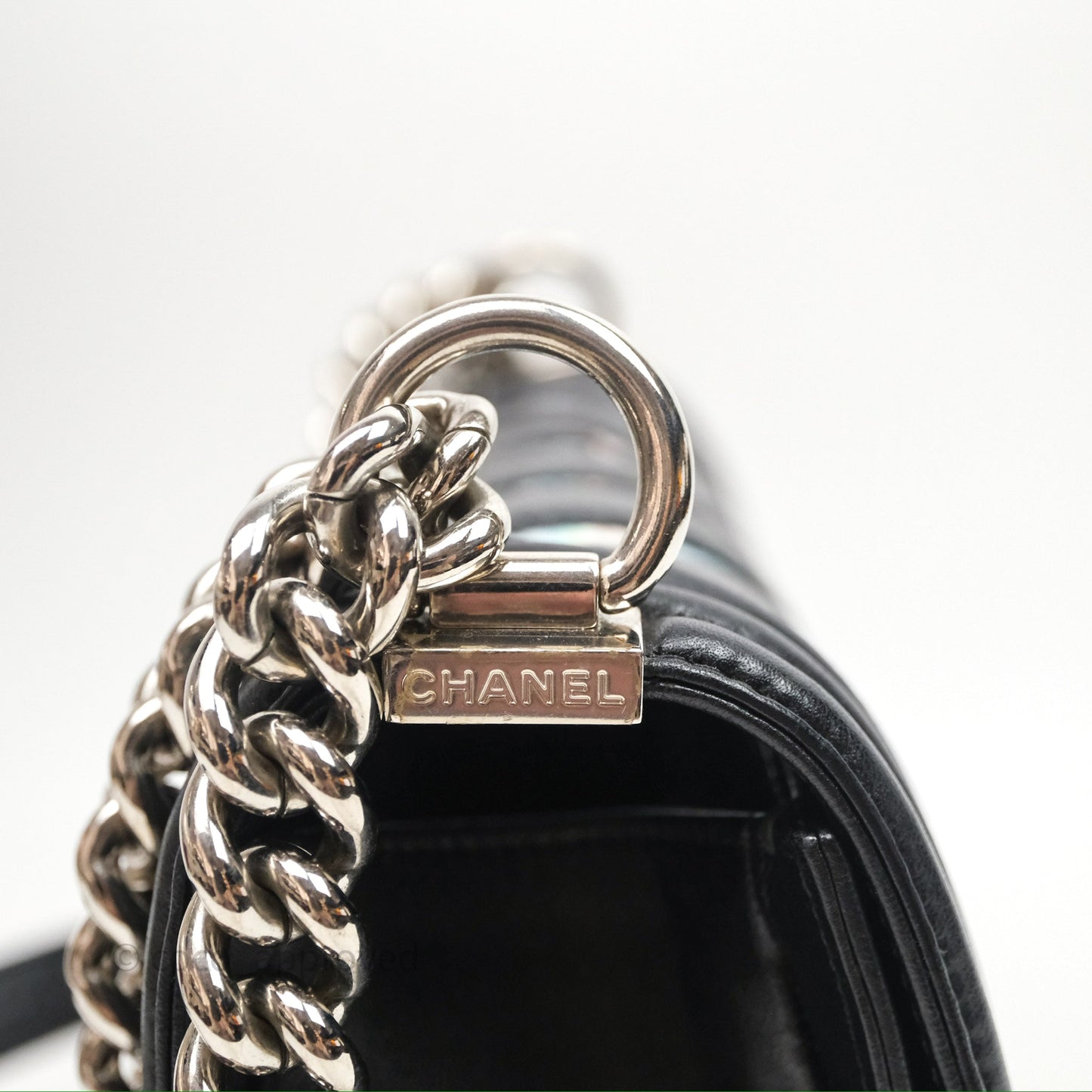 Chanel Medium Boy Chevron Iridescent PVC Lambskin Black Silver Hardware