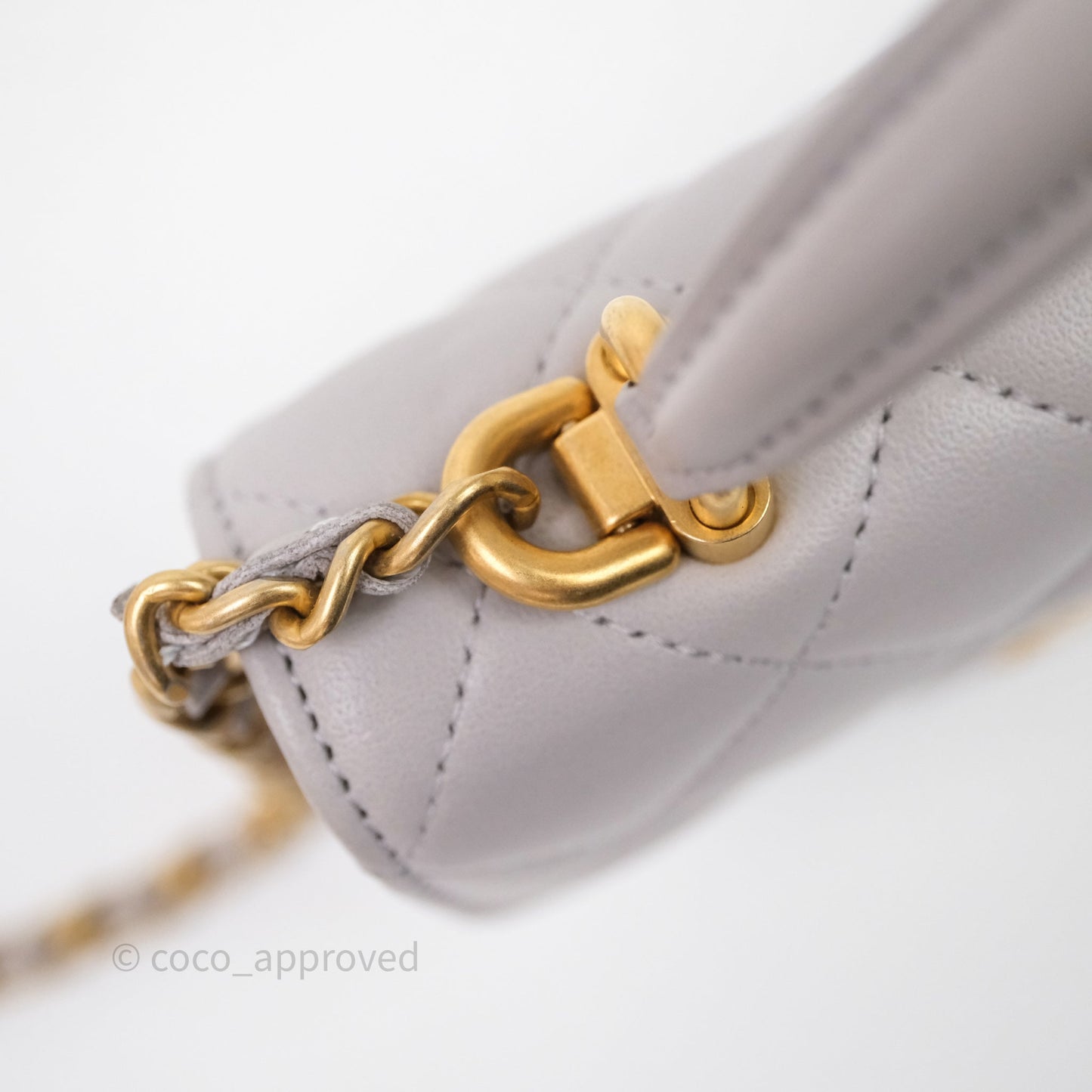 Chanel Mini Handle Flap Coin Purse With Chain Grey Lambskin Aged Gold Hardware