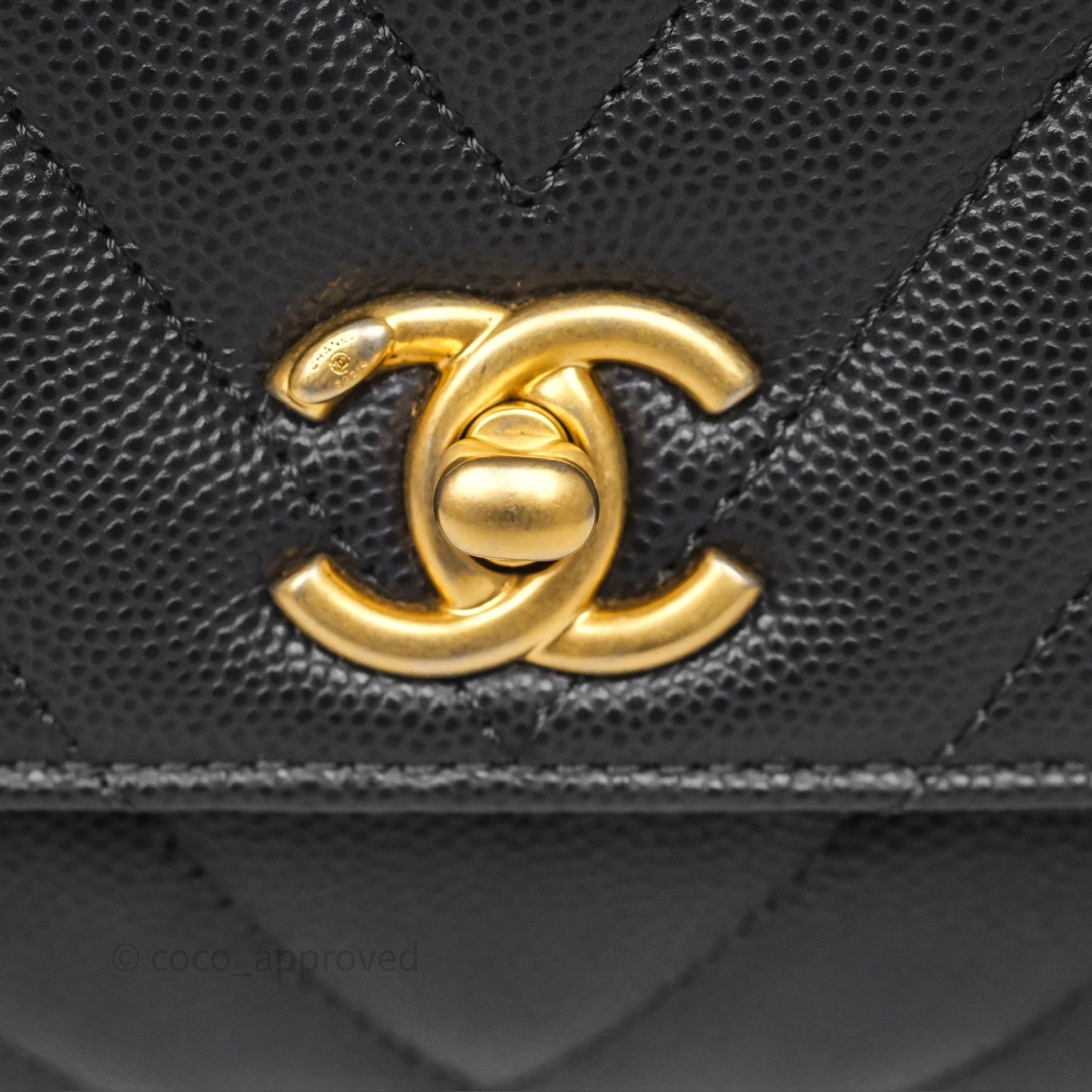 Chanel Small Coco Handle Chevron Dark Grey Caviar Aged Gold Hardware