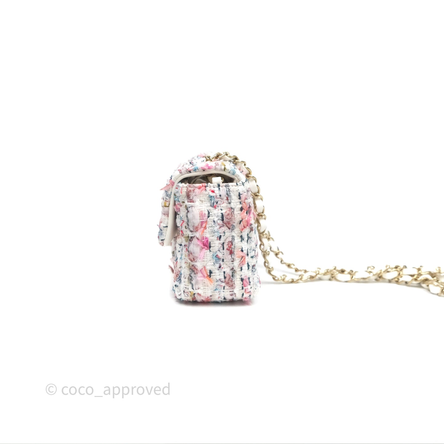 Chanel Tweed Quilted Mini Rectangular Flap Pink Tweed Gold Hardware 22K