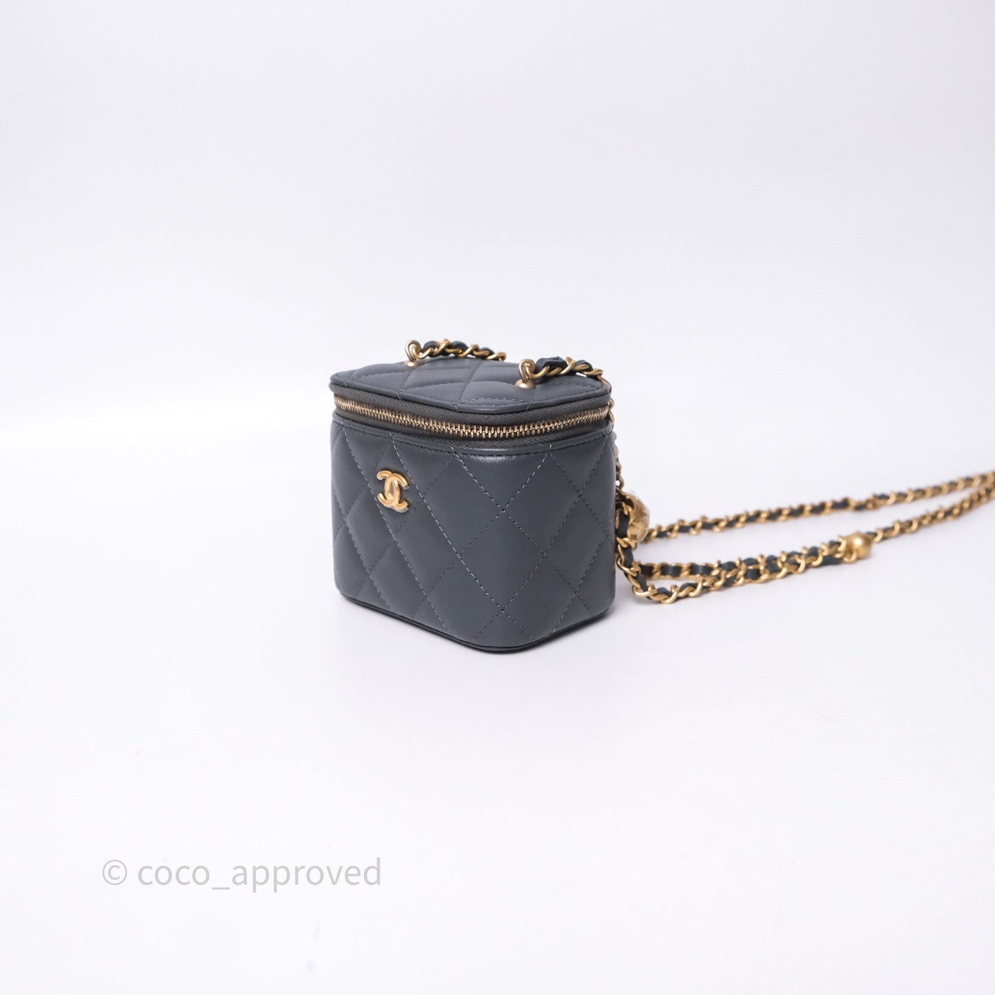 Chanel Mini Vanity Pearl Crush With Chain Dark Grey Lambskin Aged Gold Hardware