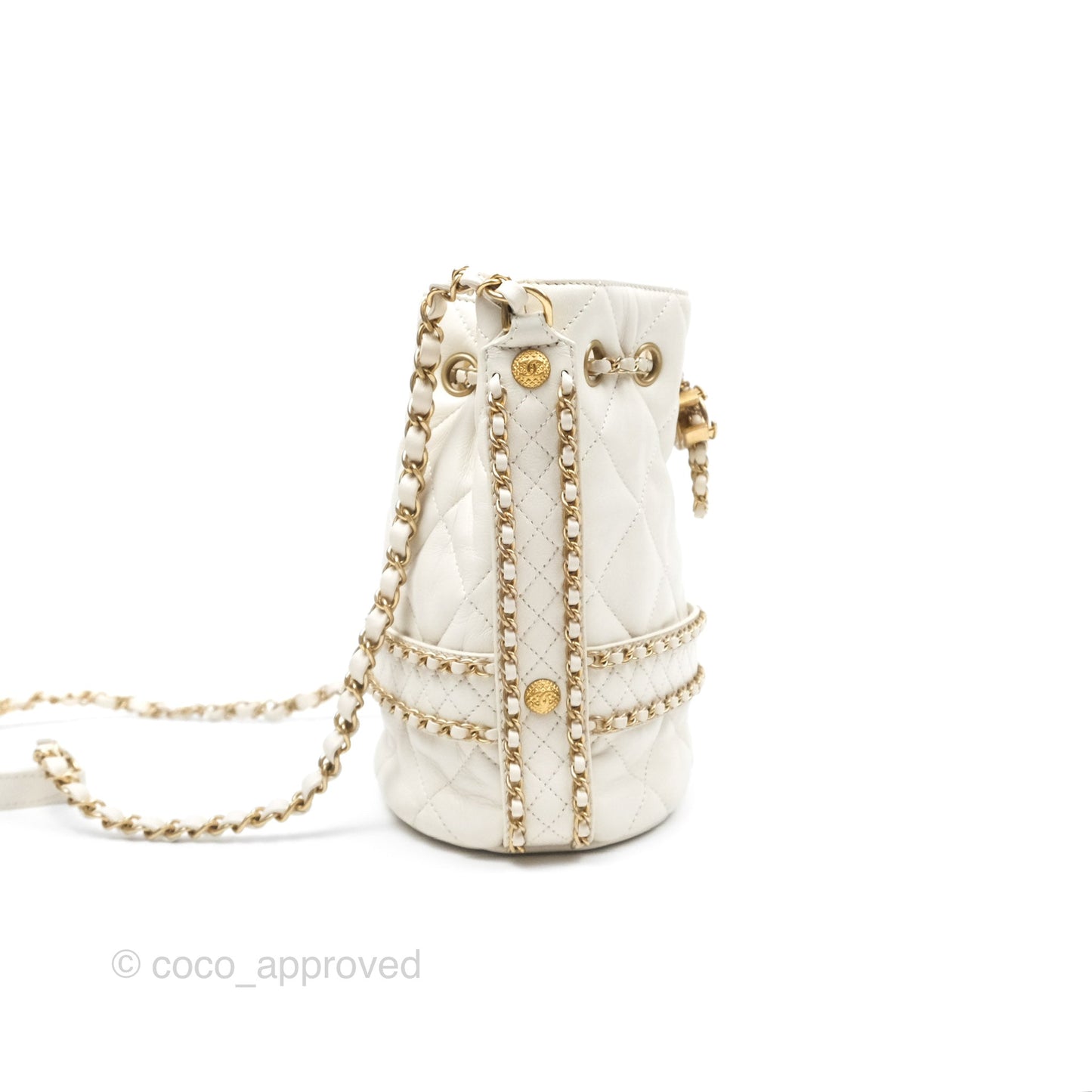 Chanel Quilted Drawstring Bucket Bag Ivory Lambskin Aged Gold Hardware