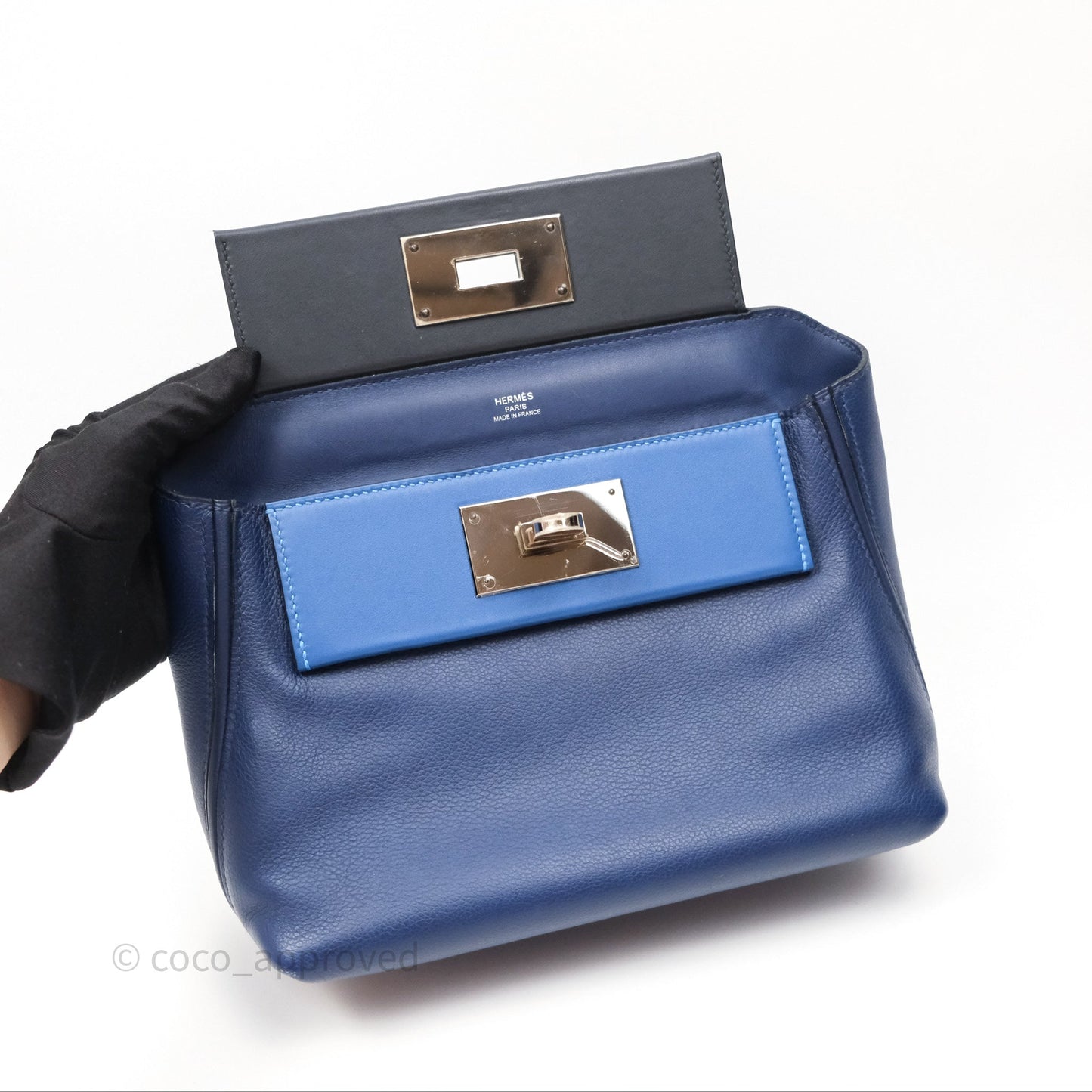 Hermès 24/24 21 Mini Bleu Saphir 73/ Bleu Indigo 76/ Bleu France 71 Evercolor/ Swift Palladium Hardware