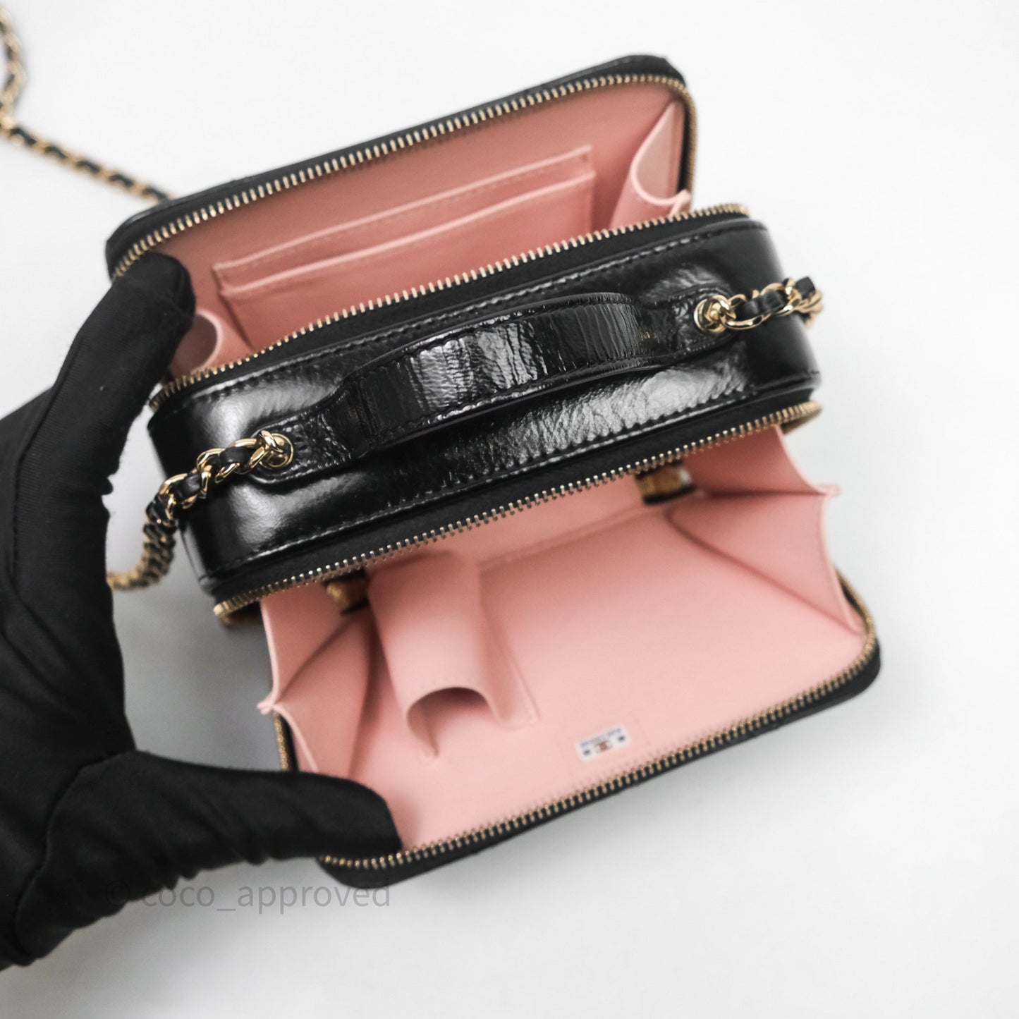 Chanel Small Top Handle Vanity Case Black Shiny Crumpled Calfskin Gold Hardware