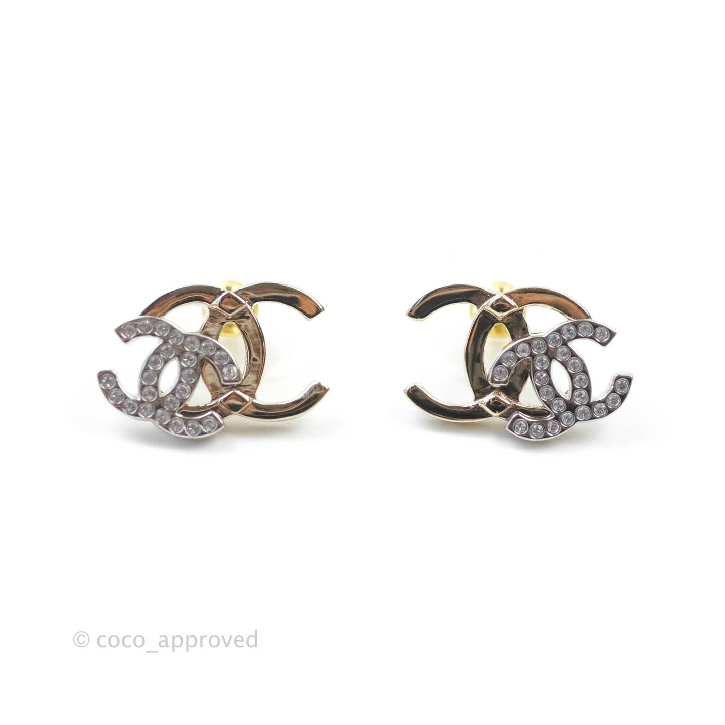 Chanel Double Crystal CC Earrings Silver & Gold Tone 21A