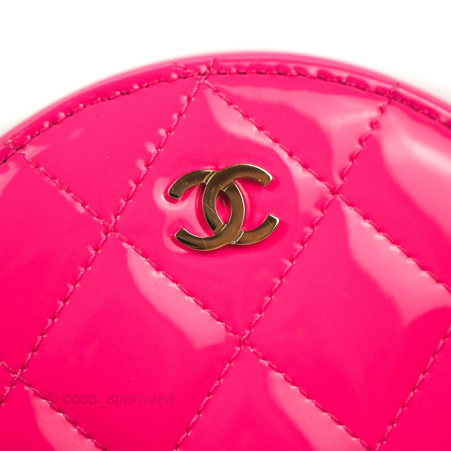 Chanel Classic Quilted Round Clutch Neon Pink Patent Gold Hardware