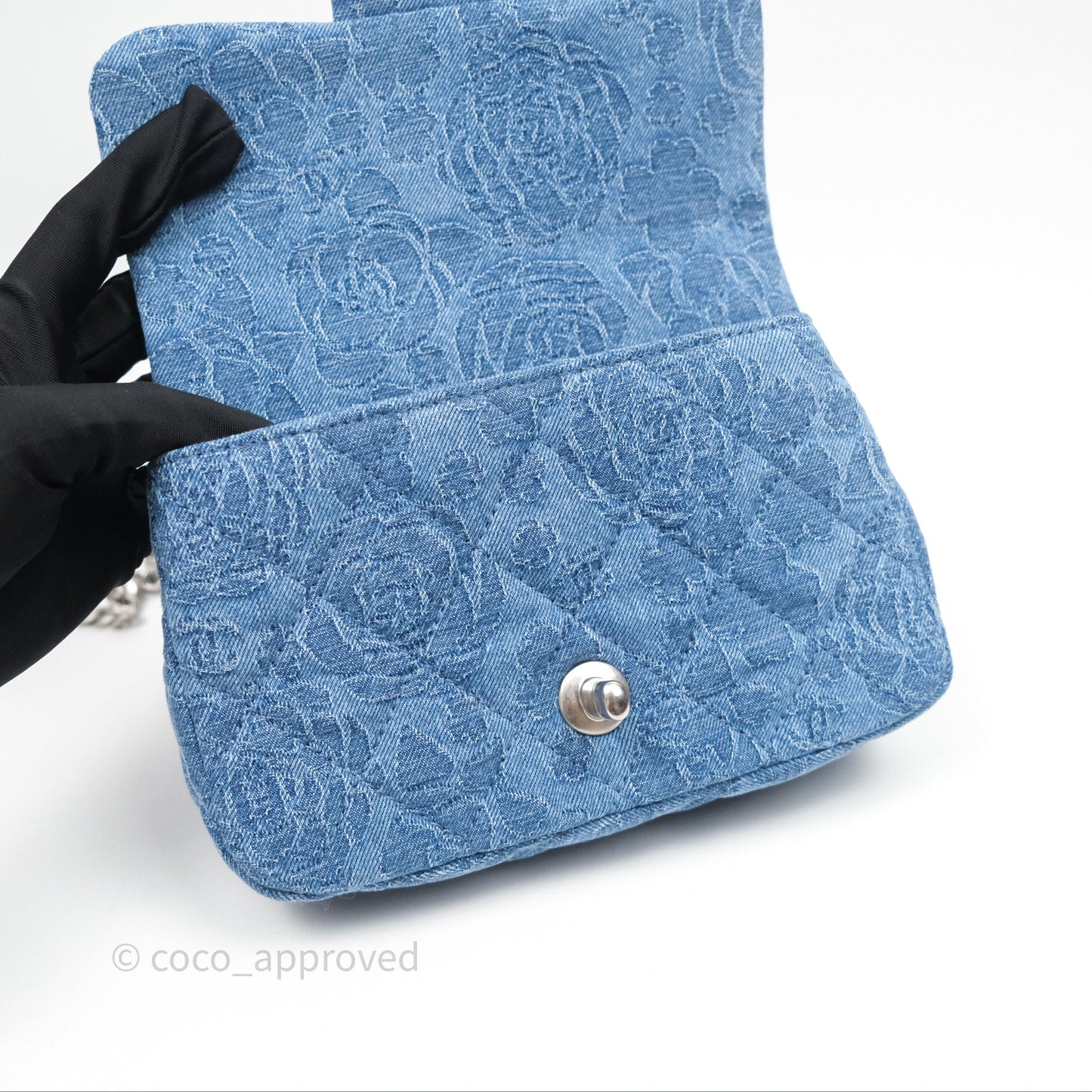 Chanel Quilted Camellia Printed Heart Crush Mini Flap Bag Blue Denim Aged Silver Hardware