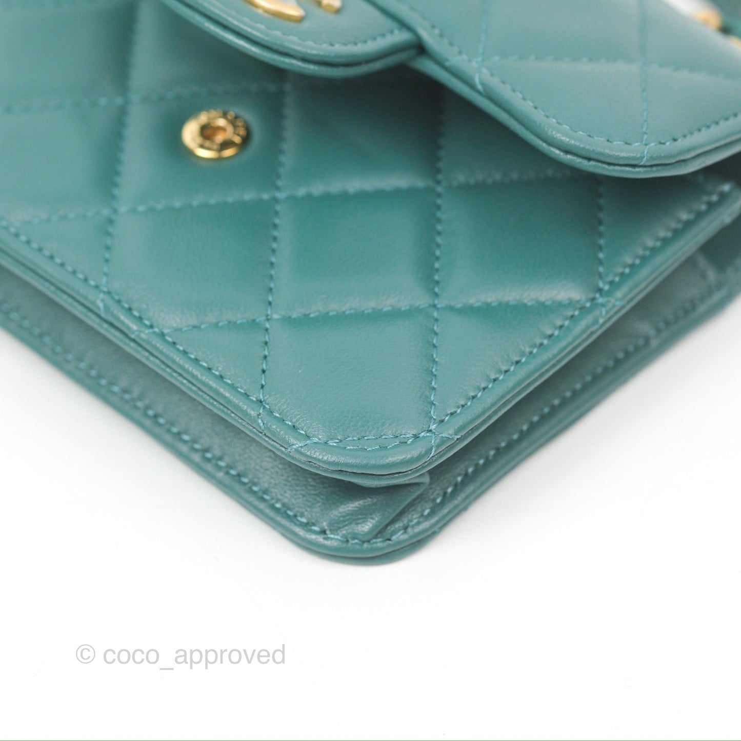 Chanel Mini Handle Flap Coin Purse With Chain Teal Green Lambskin Aged Gold Hardware