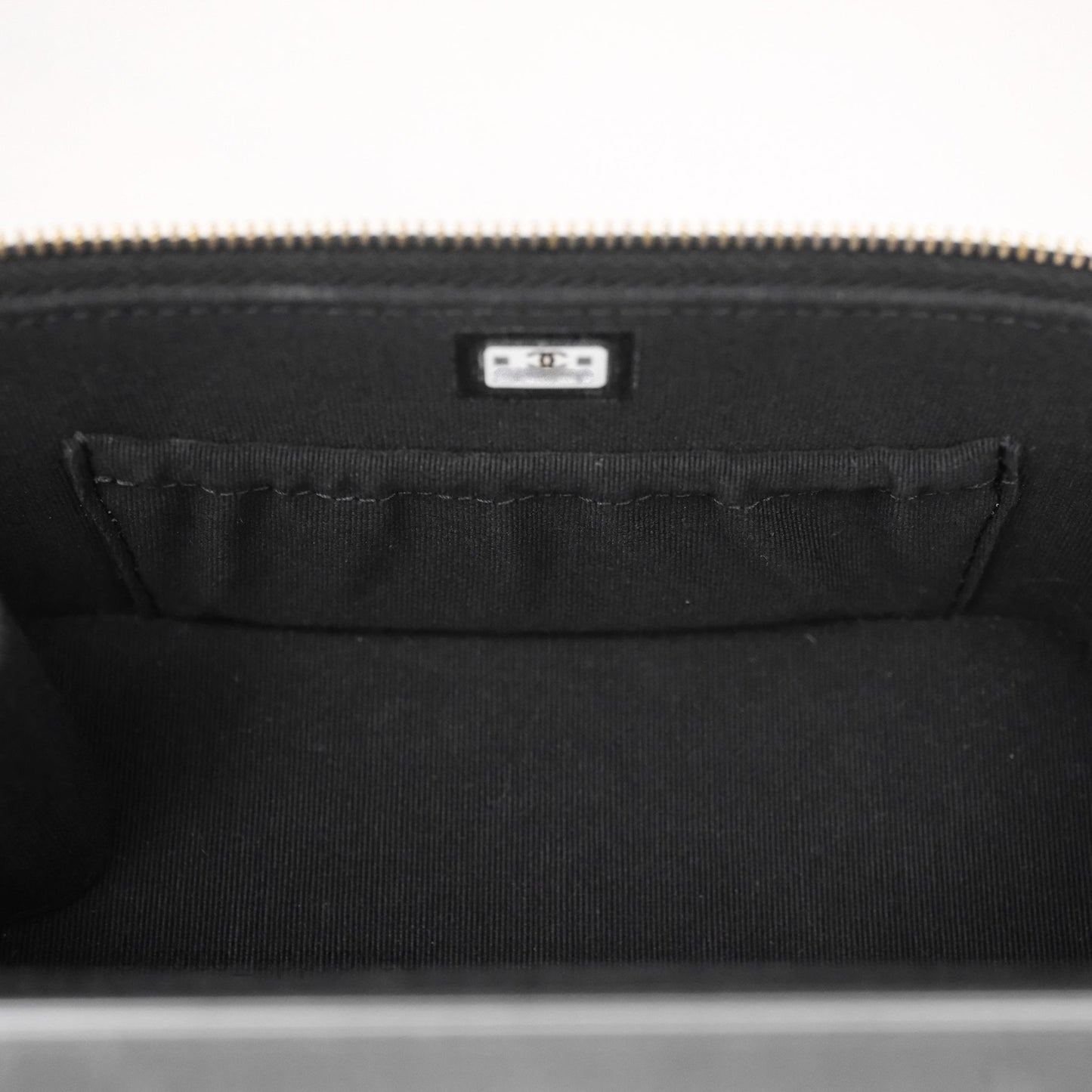 Chanel Quilted Top Handle Pocket Vanity Case Black Shiny Lambskin Bag Gold Hardware