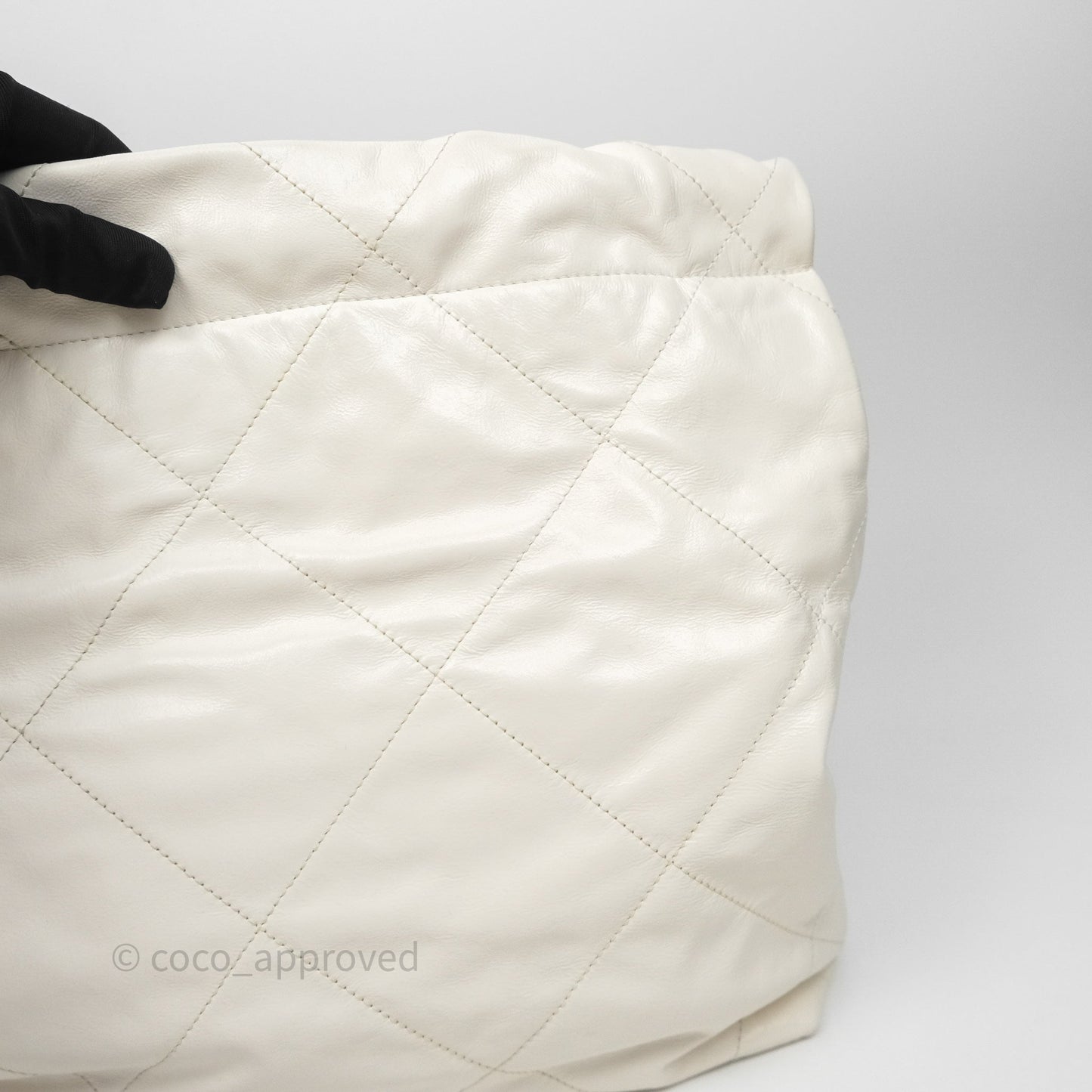 Chanel 22 Small White Aged Calfskin Black Logo Aged Gold Hardware
